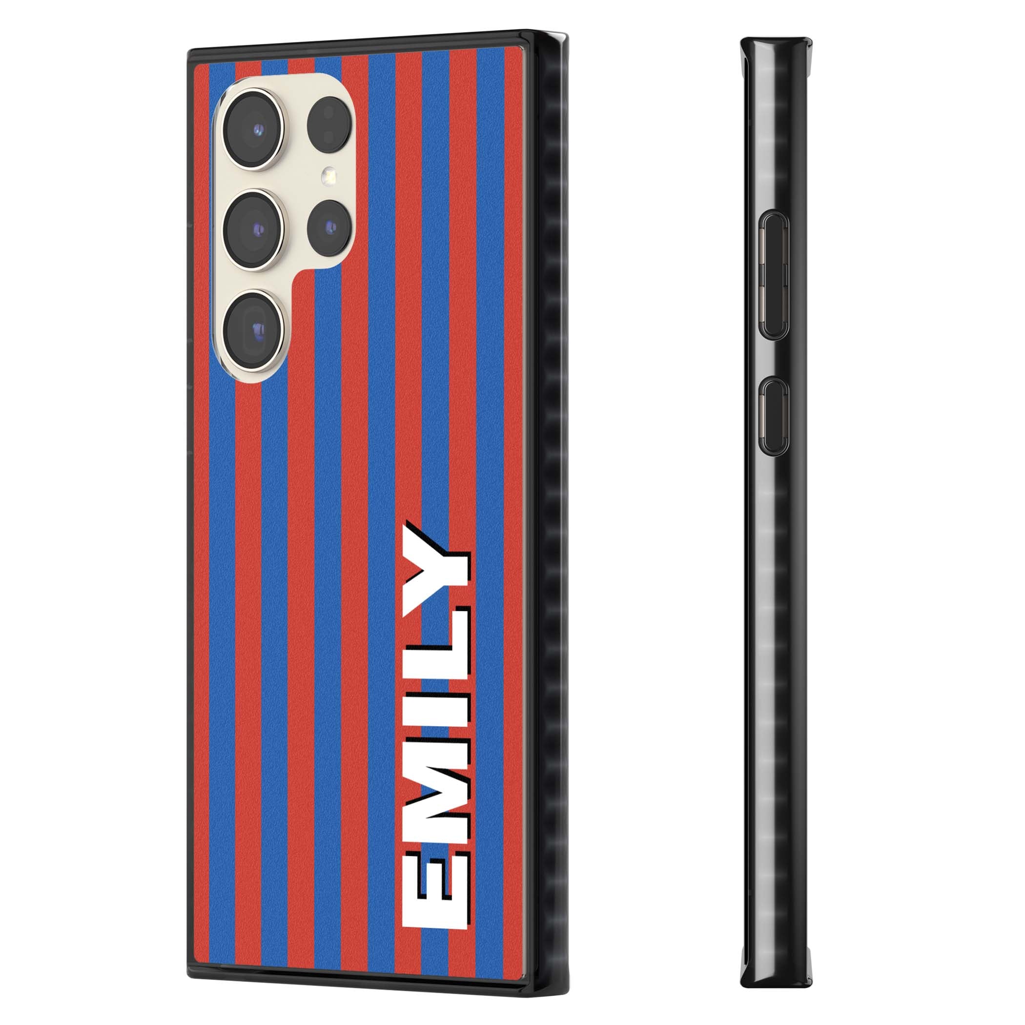 Cuban Stripe personalised iPhone case featuring red and blue vertical stripes with custom name in bold white letters | Black Impact case for Samsung Galaxy S24 Ultra, Samsung Galaxy S23 Ultra, Samsung Galaxy S22 Ultra