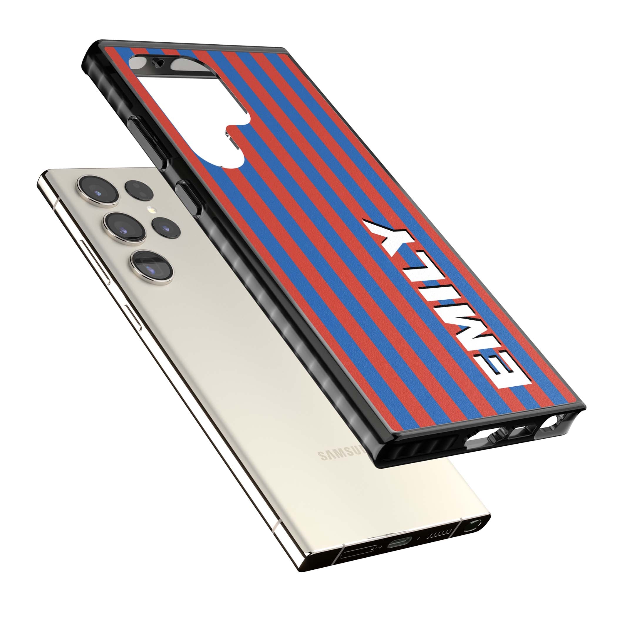 Cuban Stripe personalised iPhone case featuring red and blue vertical stripes with custom name in bold white letters | Black Impact case for Samsung Galaxy S24 Ultra, Samsung Galaxy S23 Ultra, Samsung Galaxy S22 Ultra