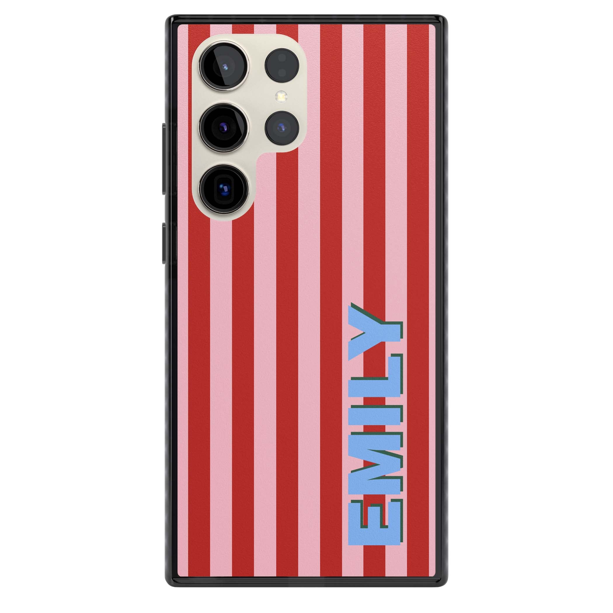 Market Stripe personalised iPhone case with red and pink vertical stripes and custom blue name | Black Impact case for Samsung Galaxy S24 Ultra, Samsung Galaxy S23 Ultra, Samsung Galaxy S22 Ultra