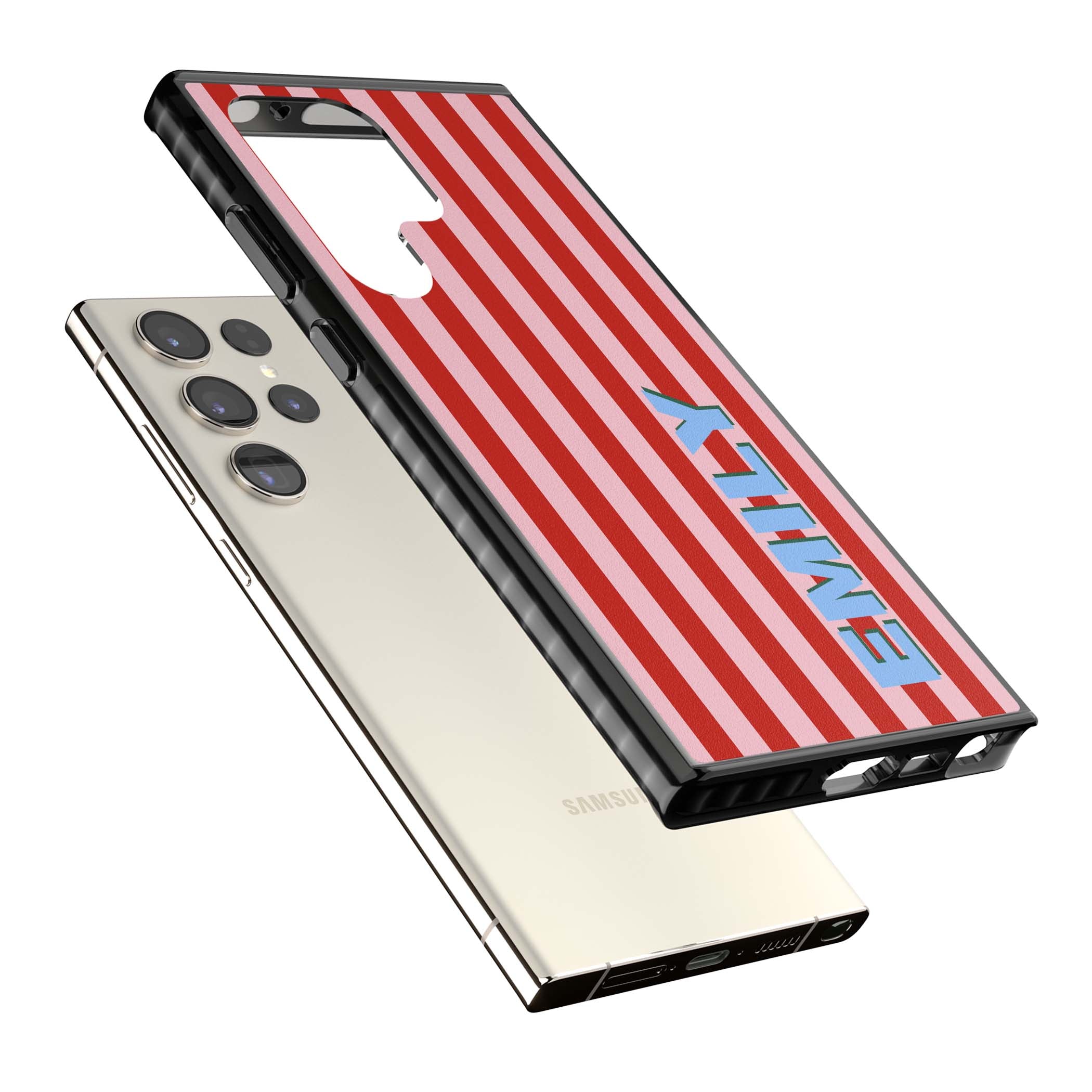 Market Stripe personalised iPhone case with red and pink vertical stripes and custom blue name | Black Impact case for Samsung Galaxy S24 Ultra, Samsung Galaxy S23 Ultra, Samsung Galaxy S22 Ultra