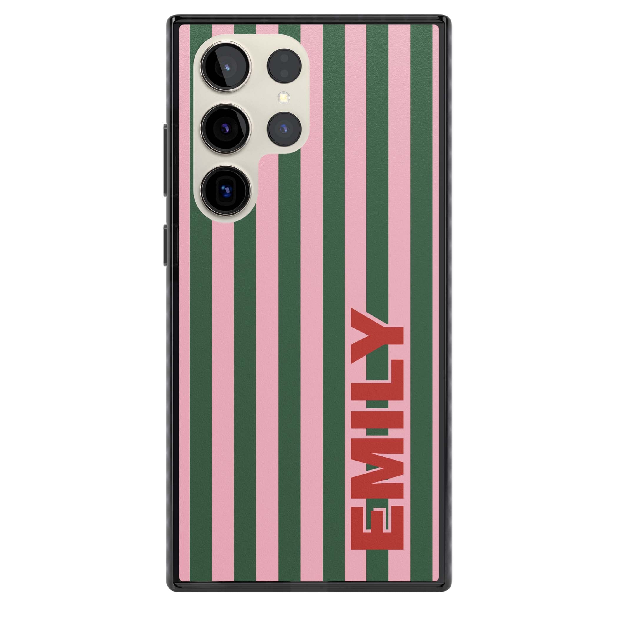 Italian Stripe preppy iPhone case featuring pink and green vertical stripes with personalised red name | Black Impact case for Samsung Galaxy S24 Ultra, Samsung Galaxy S23 Ultra, Samsung Galaxy S22 Ultra