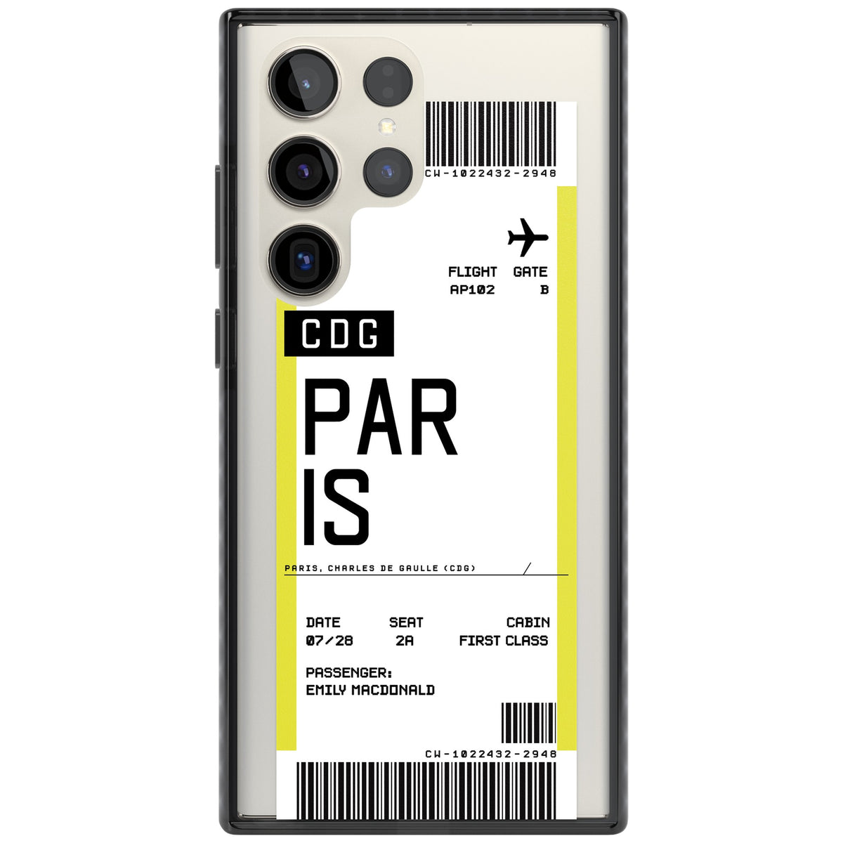 Personalised Paris Boarding Pass Samsung S22 Ultra / Samsung S23 Ultra / Samsung S24 Ultra Impact Black Phone Case front