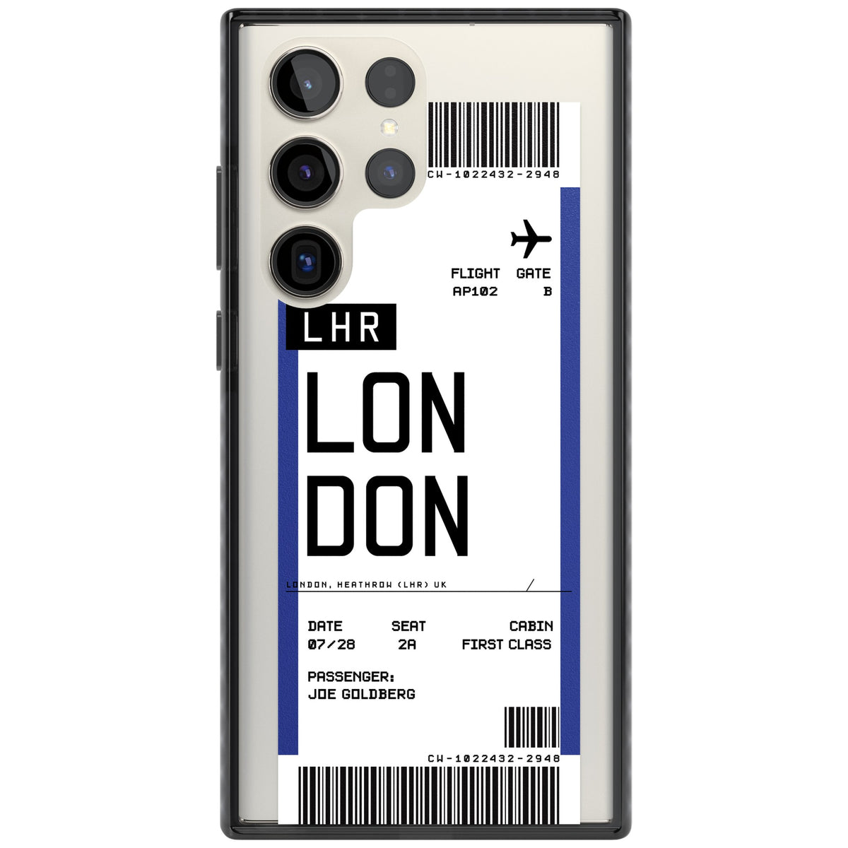 Personalised London Boarding Pass Samsung S22 Ultra / Samsung S23 Ultra / Samsung S24 Ultra Impact Black Phone Case front