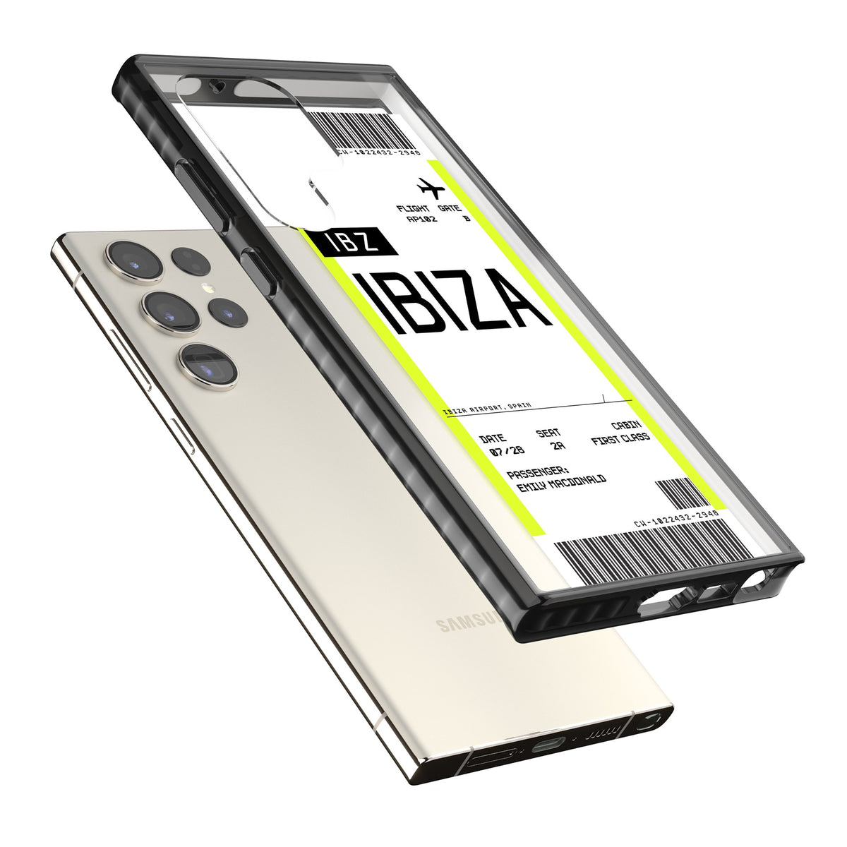 Personalised Ibiza Boarding Pass Samsung S22 Ultra / Samsung S23 Ultra / Samsung S24 Ultra Impact Black Phone Case angled