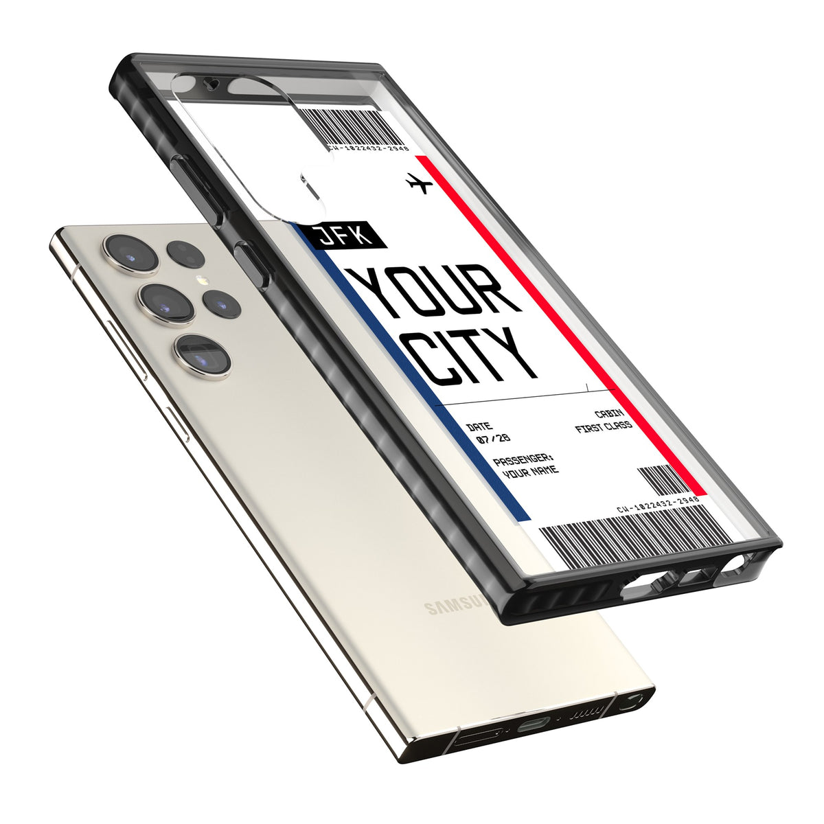 Personalised Create Your Own Boarding Pass Ticket Samsung S22 Ultra / Samsung S23 Ultra / Samsung S24 Ultra Impact Black Phone Case angled