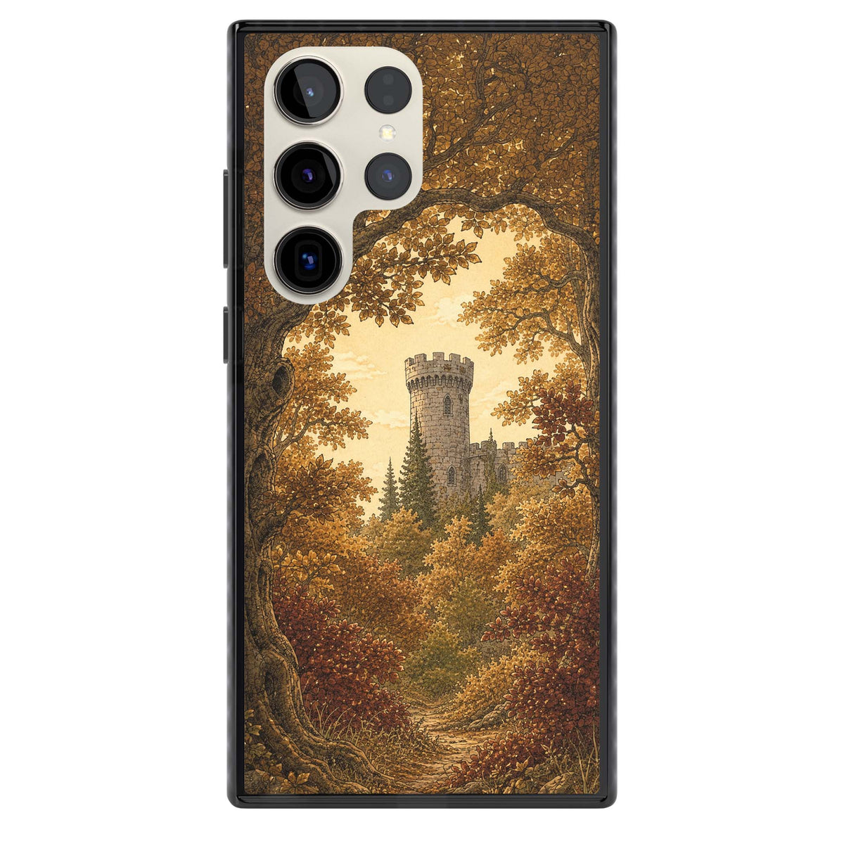 Autumn Keep cottagecore iPhone case featuring a medieval castle tower framed by golden autumn trees and woodland foliage | Black Impact case for Samsung Galaxy S24 Ultra, Samsung Galaxy S23 Ultra, Samsung Galaxy S22 Ultra