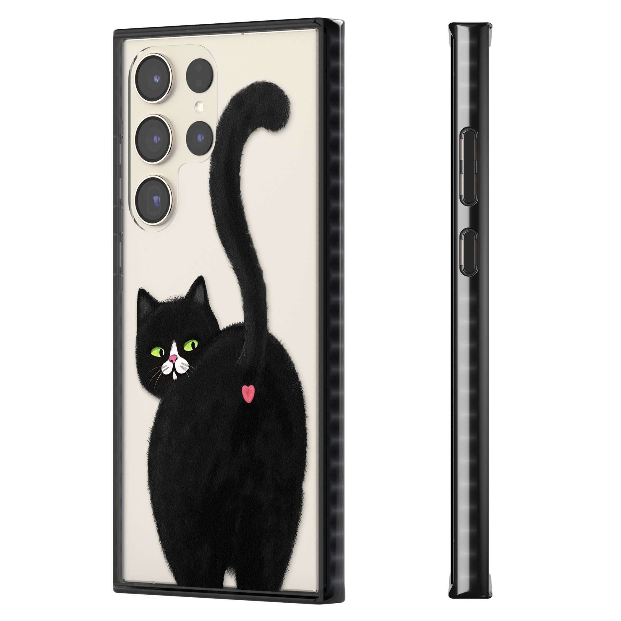 The Cat's Kiss cute cat iPhone case featuring a hand-painted tuxedo kitty with green eyes and a pink heart on a clear | Black Impact case for Samsung Galaxy S24 Ultra, Samsung Galaxy S23 Ultra, Samsung Galaxy S22 Ultra