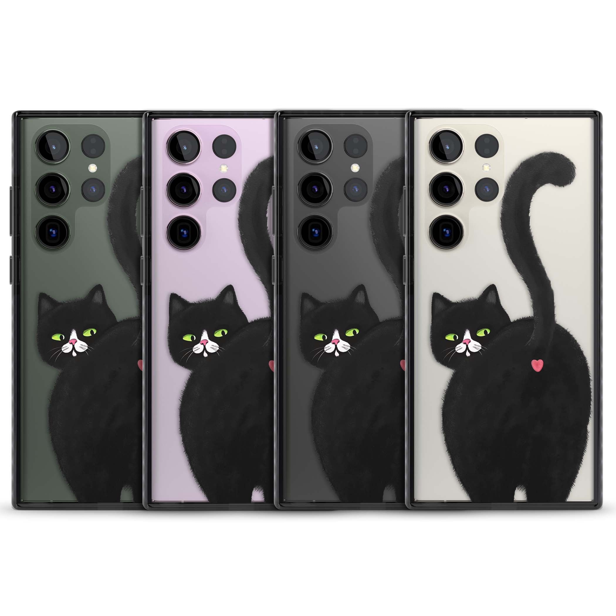 The Cat's Kiss cute cat iPhone case featuring a hand-painted tuxedo kitty with green eyes and a pink heart on a clear | Black Impact case for Samsung Galaxy S24 Ultra, Samsung Galaxy S23 Ultra, Samsung Galaxy S22 Ultra
