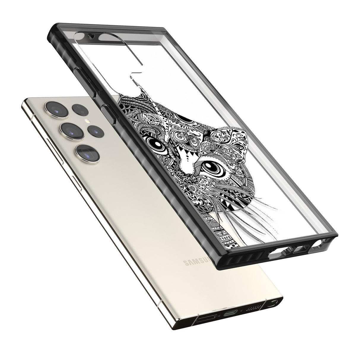 Henna Cat Samsung S22 Ultra / Samsung S23 Ultra / Samsung S24 Ultra Impact Black Phone Case angled
