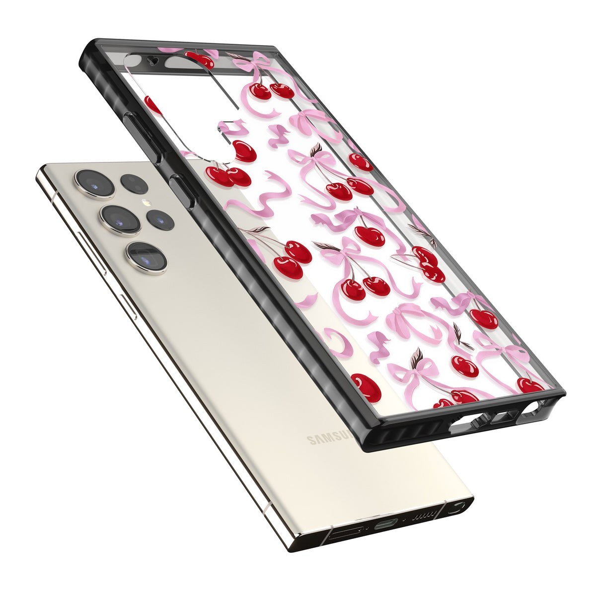 Pink Bow & Cherries Samsung S22 Ultra / Samsung S23 Ultra / Samsung S24 Ultra Impact Black Phone Case angled