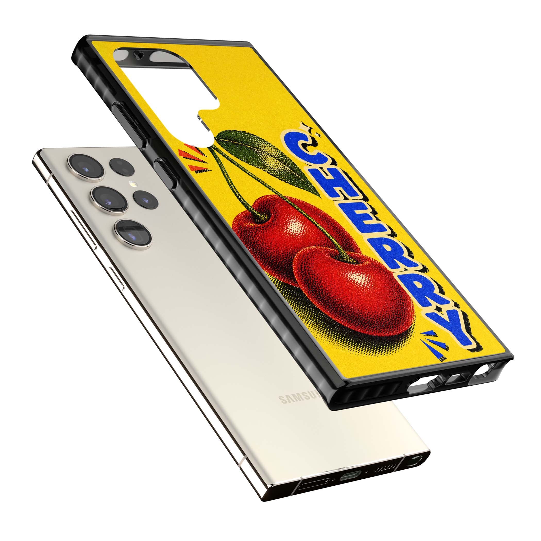 Cherry Yellow y2k iPhone case featuring two red cherries, halftone shading and bold blue CHERRY lettering on yellow | Black Impact case for Samsung Galaxy S24 Ultra, Samsung Galaxy S23 Ultra, Samsung Galaxy S22 Ultra