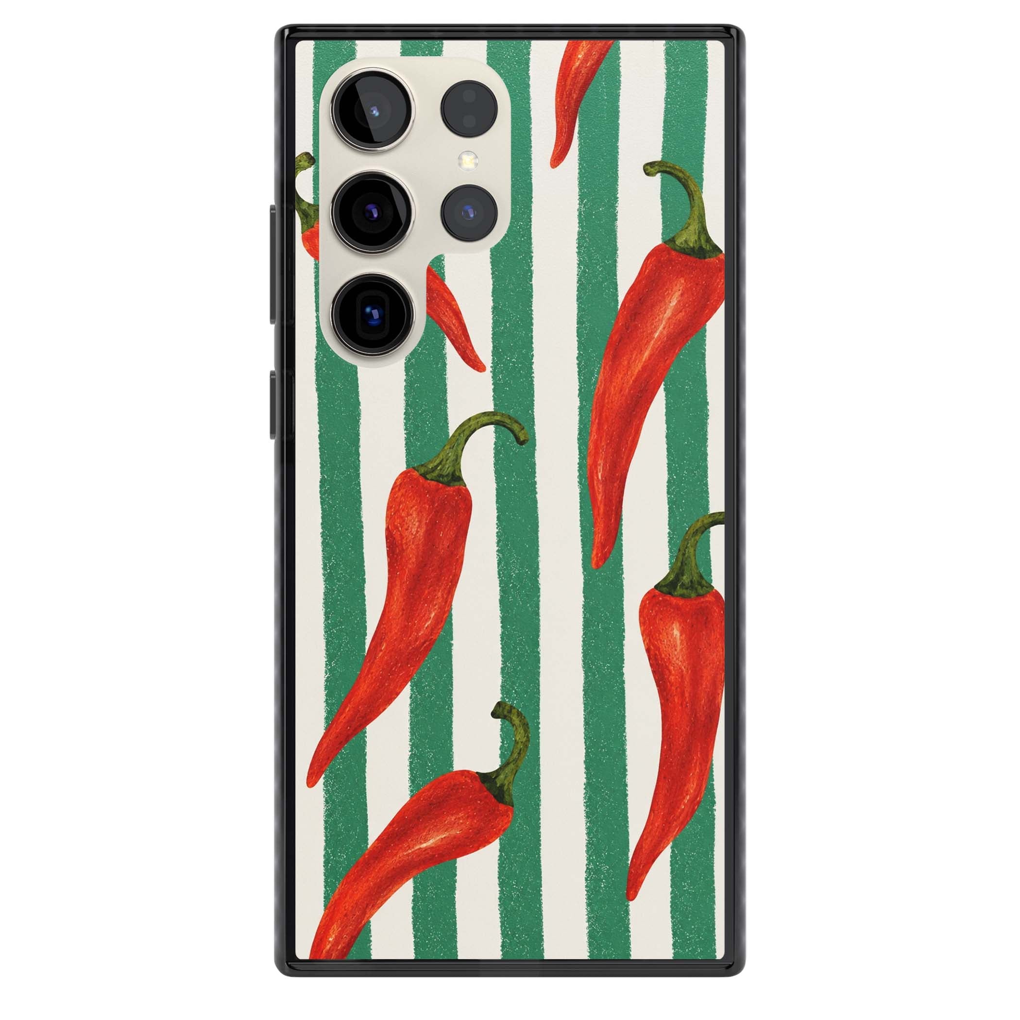Striped Chillis coastal iPhone case featuring hand-painted red chili peppers on green and cream stripes | Black Impact case for Samsung Galaxy S24 Ultra, Samsung Galaxy S23 Ultra, Samsung Galaxy S22 Ultra