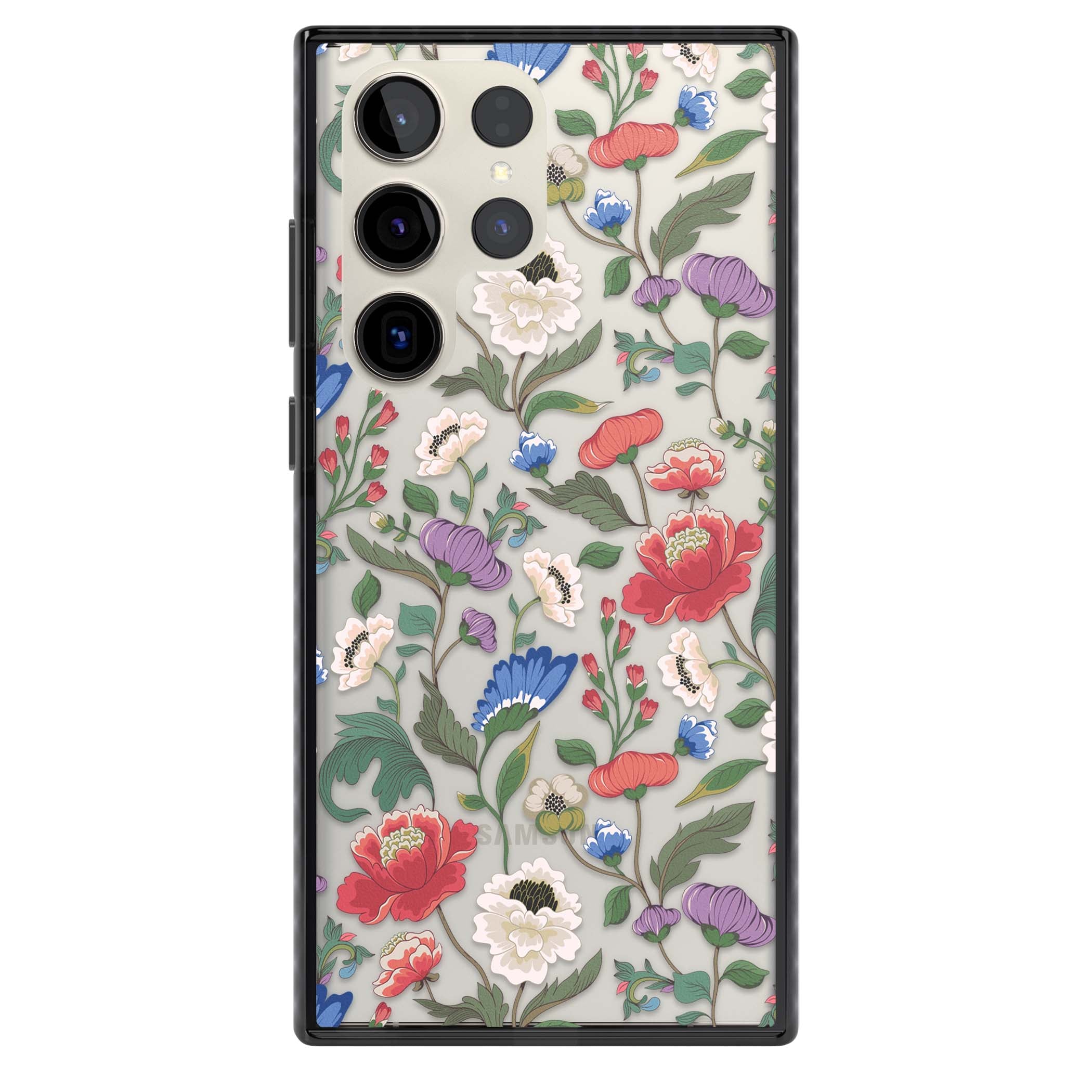 Chinoiserie Bloom vintage floral iPhone case featuring hand-painted peonies, poppies and trailing wildflowers on clear... | Black Impact case for Samsung Galaxy S24 Ultra, Samsung Galaxy S23 Ultra, Samsung Galaxy S22 Ultra