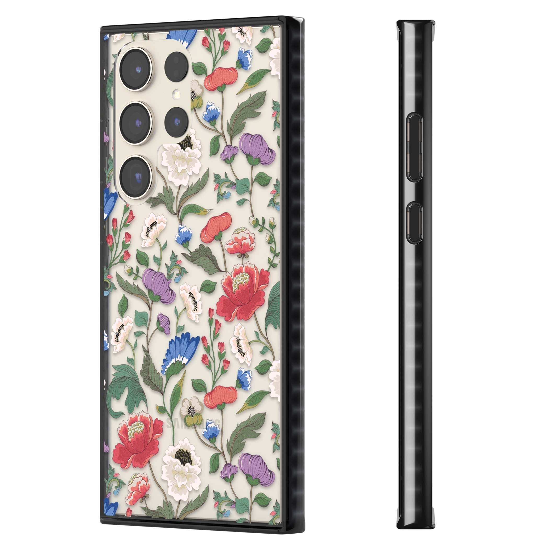 Chinoiserie Bloom vintage floral iPhone case featuring hand-painted peonies, poppies and trailing wildflowers on clear... | Black Impact case for Samsung Galaxy S24 Ultra, Samsung Galaxy S23 Ultra, Samsung Galaxy S22 Ultra