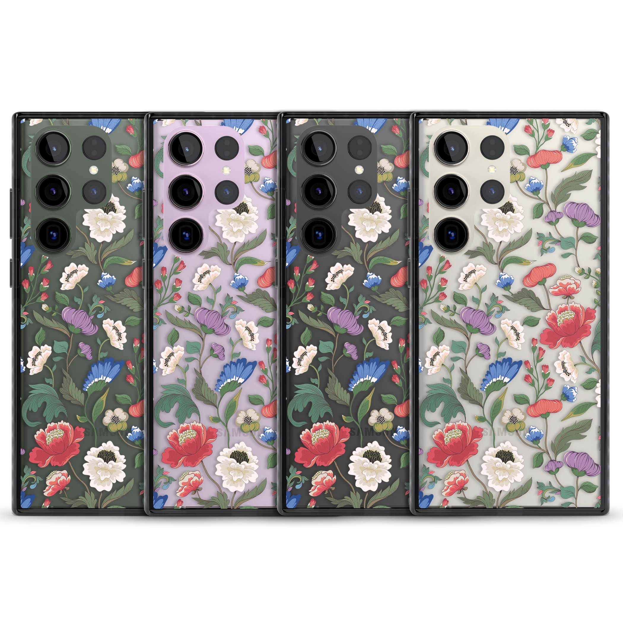 Chinoiserie Bloom vintage floral iPhone case featuring hand-painted peonies, poppies and trailing wildflowers on clear... | Black Impact case for Samsung Galaxy S24 Ultra, Samsung Galaxy S23 Ultra, Samsung Galaxy S22 Ultra