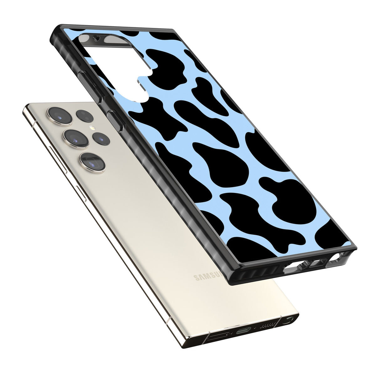Blue And Black Cow Print Samsung S22 Ultra / Samsung S23 Ultra / Samsung S24 Ultra Impact Black Phone Case angled