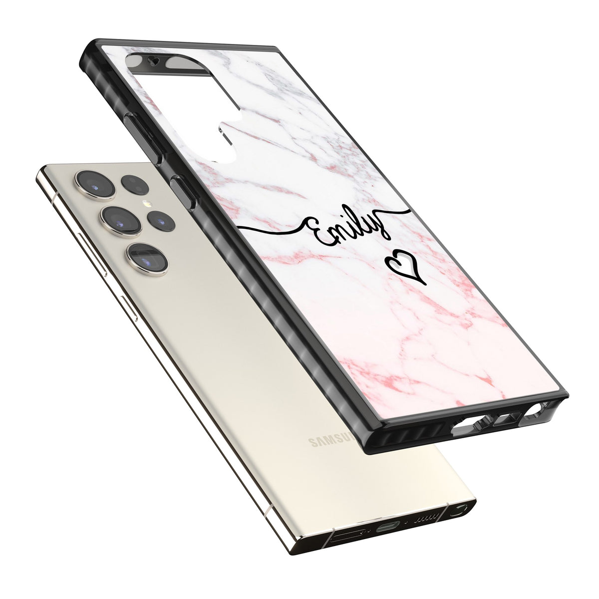 Personalised Pink Fade Marble Heart Samsung S22 Ultra / Samsung S23 Ultra / Samsung S24 Ultra Impact Black Phone Case angled