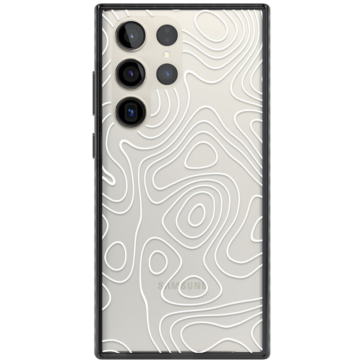 White Damascus Steel abstract iPhone case featuring white topographic contour lines on a clear back with a black bumper Samsung S22 Ultra / Samsung S23 Ultra / Samsung S24 Ultra Impact Black Phone Case front