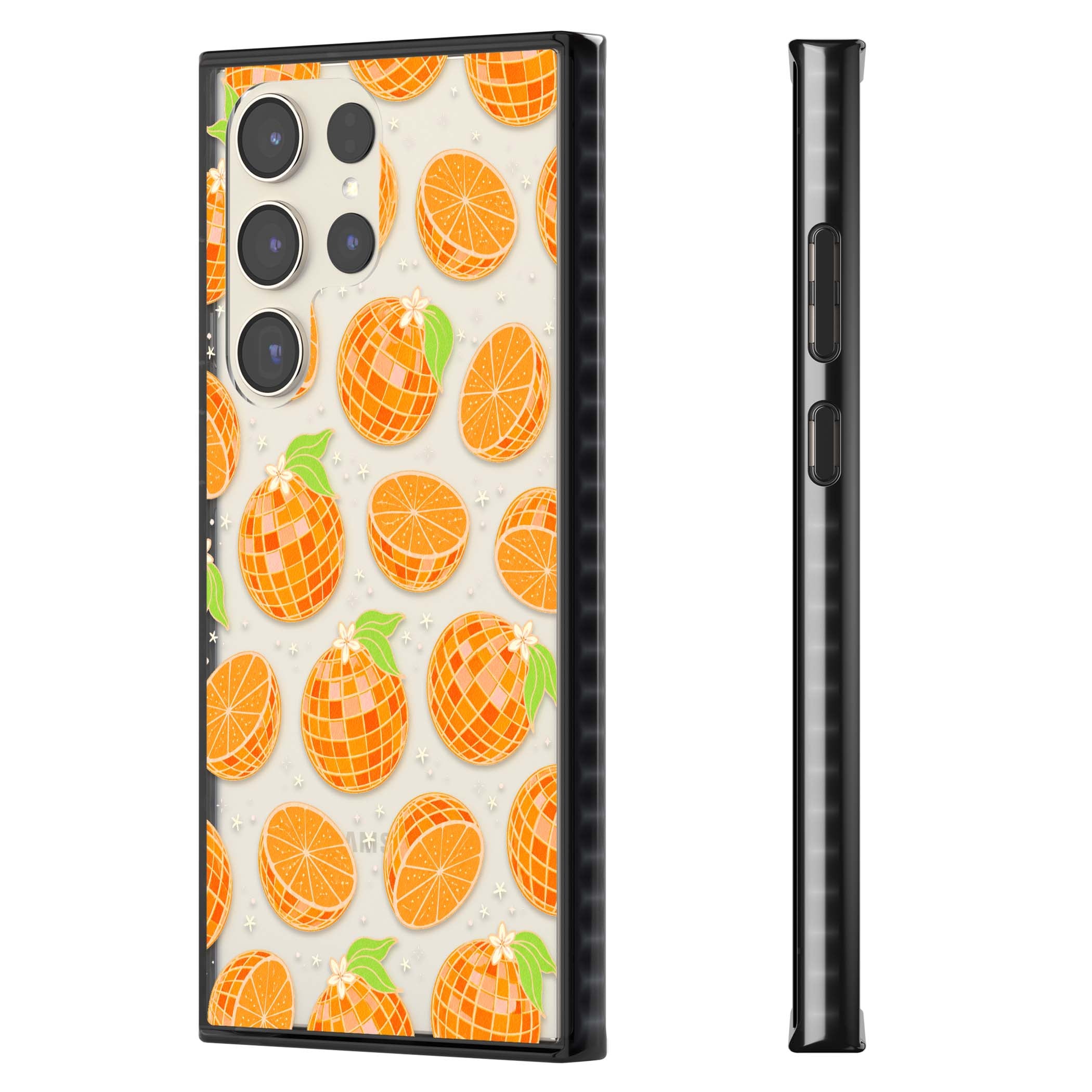 Disco Oranges retro iPhone case featuring mirrorball oranges, citrus slices and tiny blossoms on clear | Black Impact case for Samsung Galaxy S24 Ultra, Samsung Galaxy S23 Ultra, Samsung Galaxy S22 Ultra