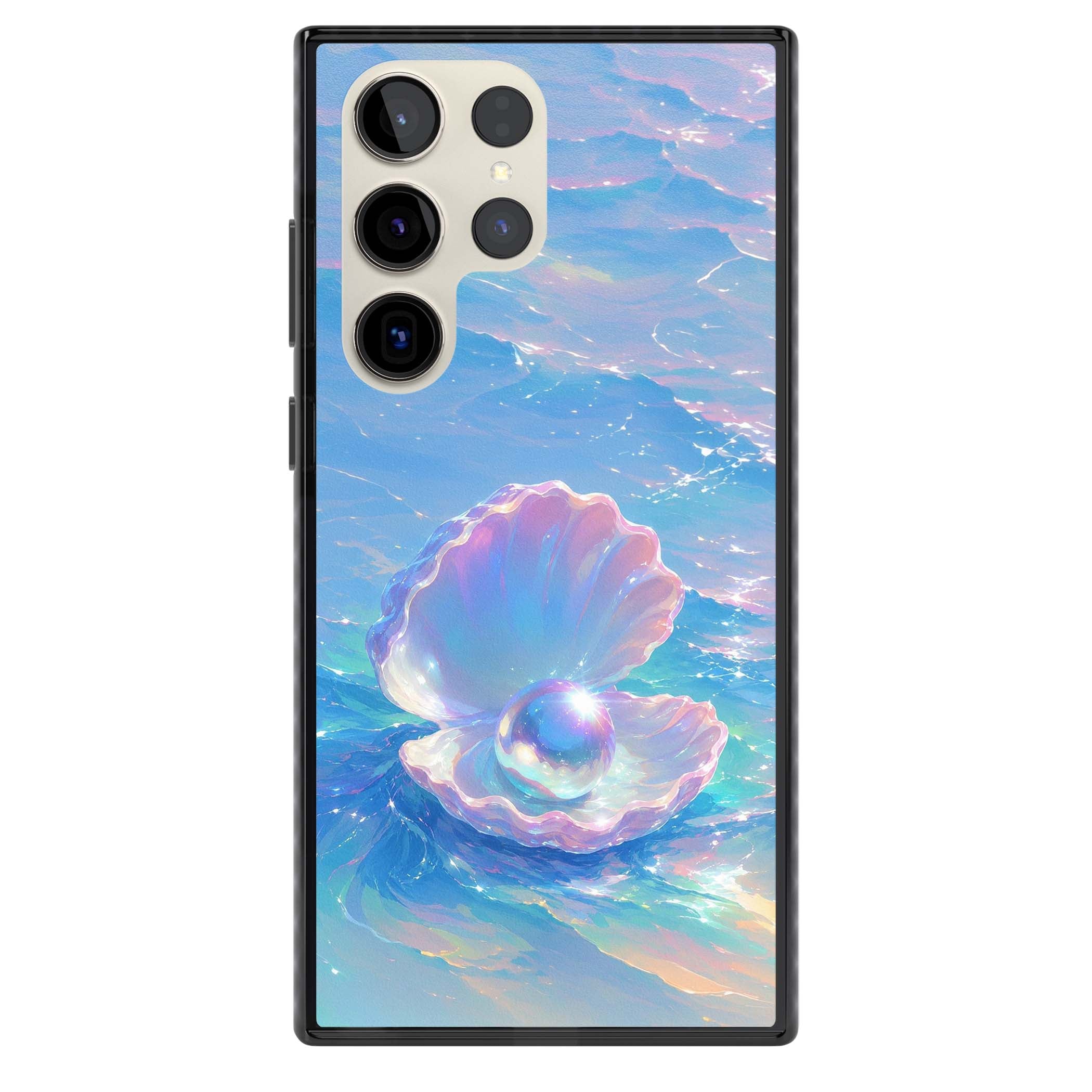 The Pearl Clam mermaidcore iPhone case featuring iridescent seashell, glowing pearl and pastel ocean waves | Black Impact case for Samsung Galaxy S24 Ultra, Samsung Galaxy S23 Ultra, Samsung Galaxy S22 Ultra
