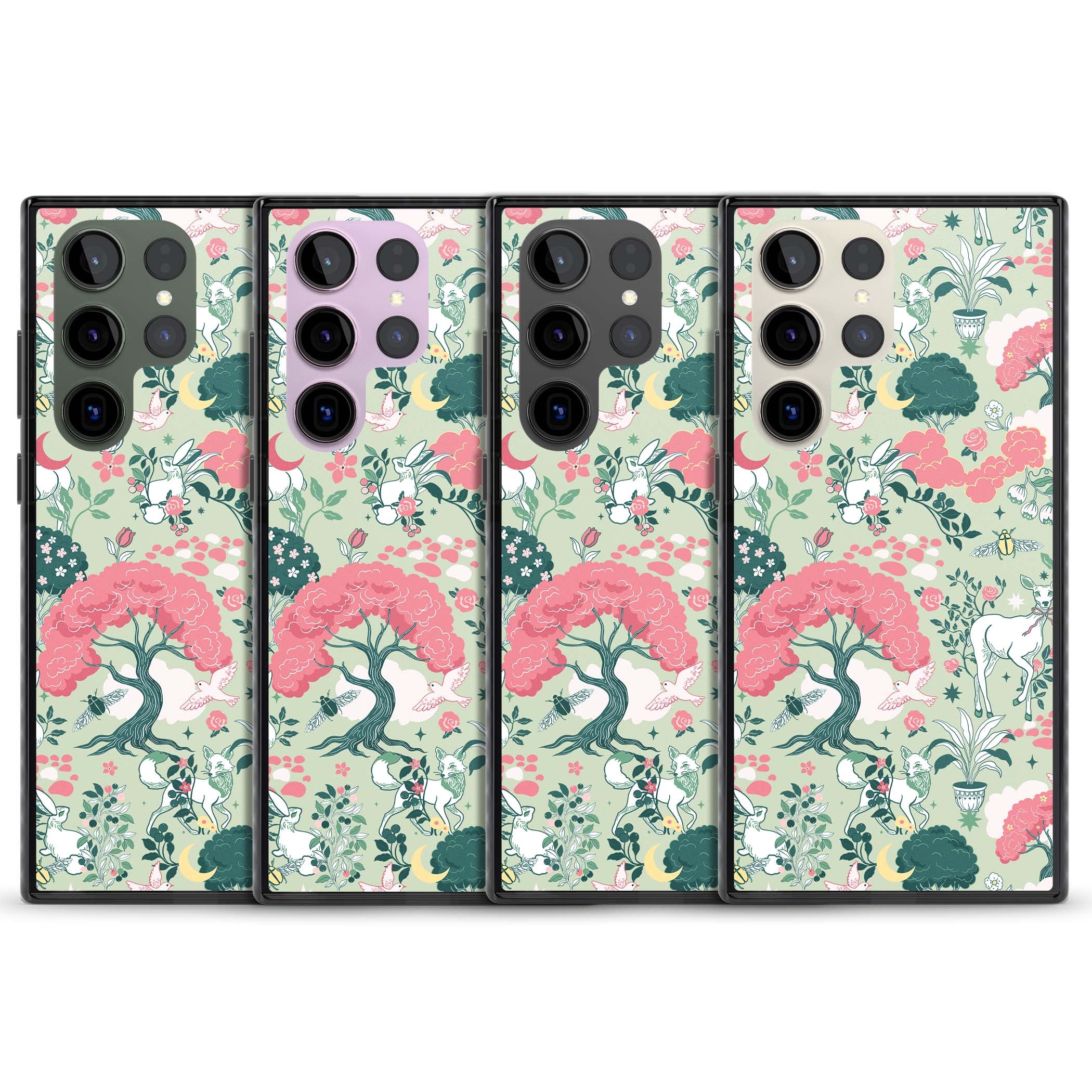 Enchanted Woodland cottagecore iPhone case featuring white deer, pink roses, mushrooms and woodland animals on sage green | Black Impact case for Samsung Galaxy S24 Ultra, Samsung Galaxy S23 Ultra, Samsung Galaxy S22 Ultra