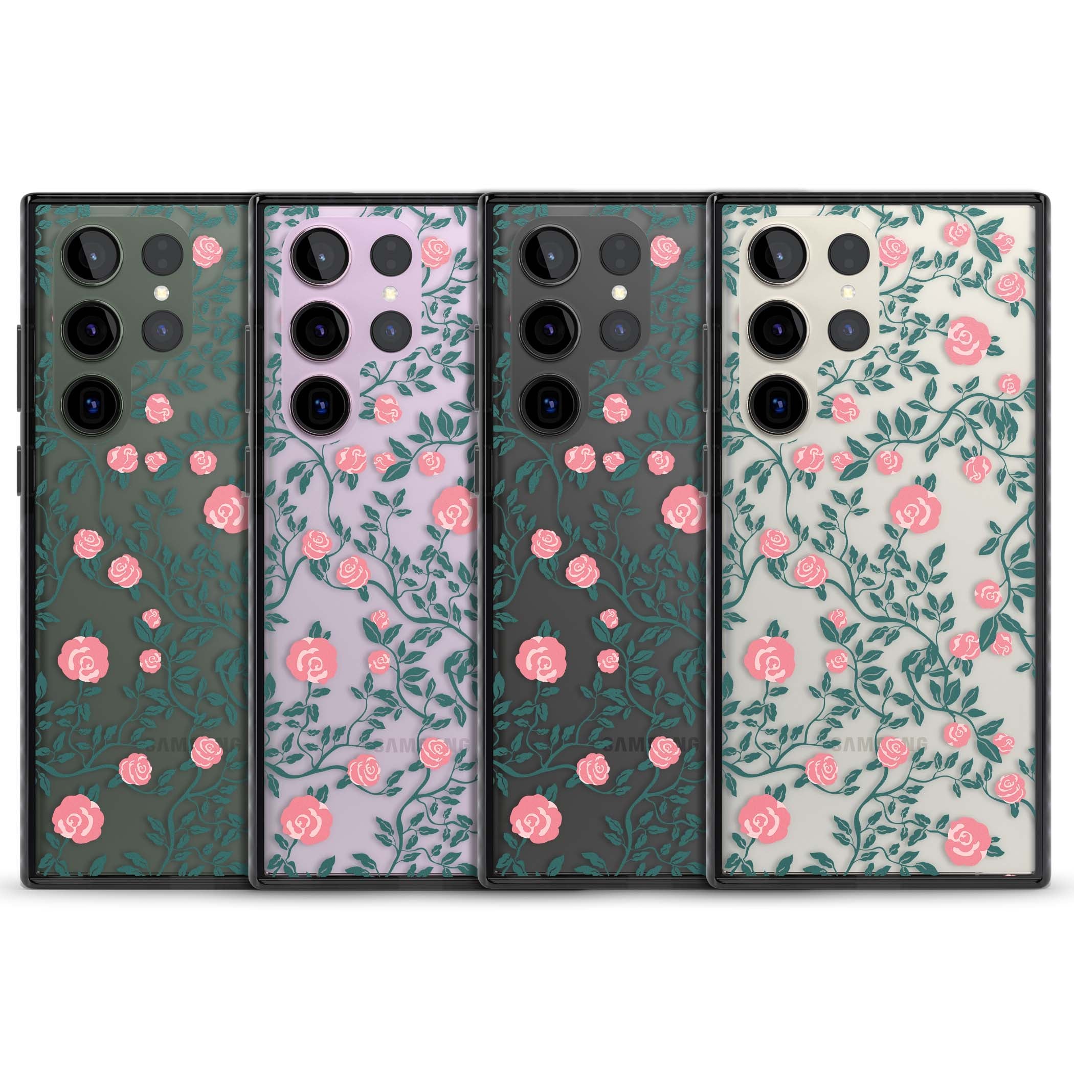Rose Trellis (Clear) cottagecore iPhone case featuring pink climbing roses and green leaves on clear background | Black Impact case for Samsung Galaxy S24 Ultra, Samsung Galaxy S23 Ultra, Samsung Galaxy S22 Ultra