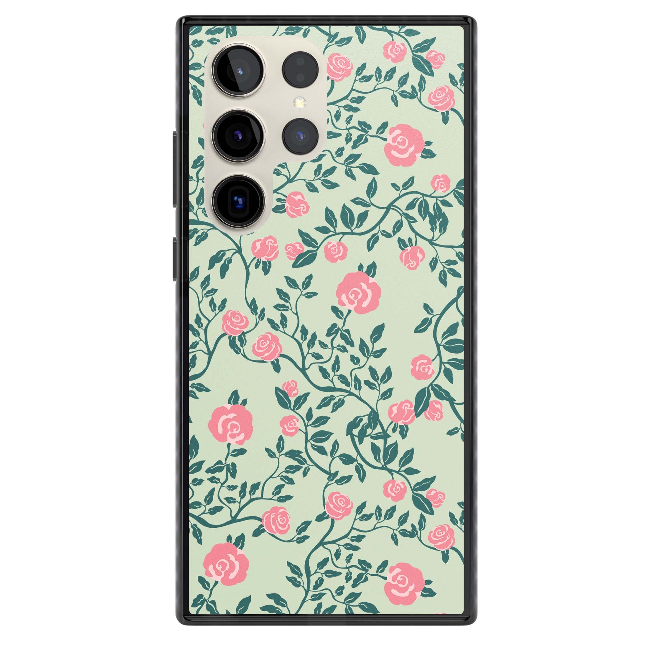 Rose Trellis cottagecore iPhone case featuring pink roses, sage green vines, and mint background | Black Impact case for Samsung Galaxy S24 Ultra, Samsung Galaxy S23 Ultra, Samsung Galaxy S22 Ultra