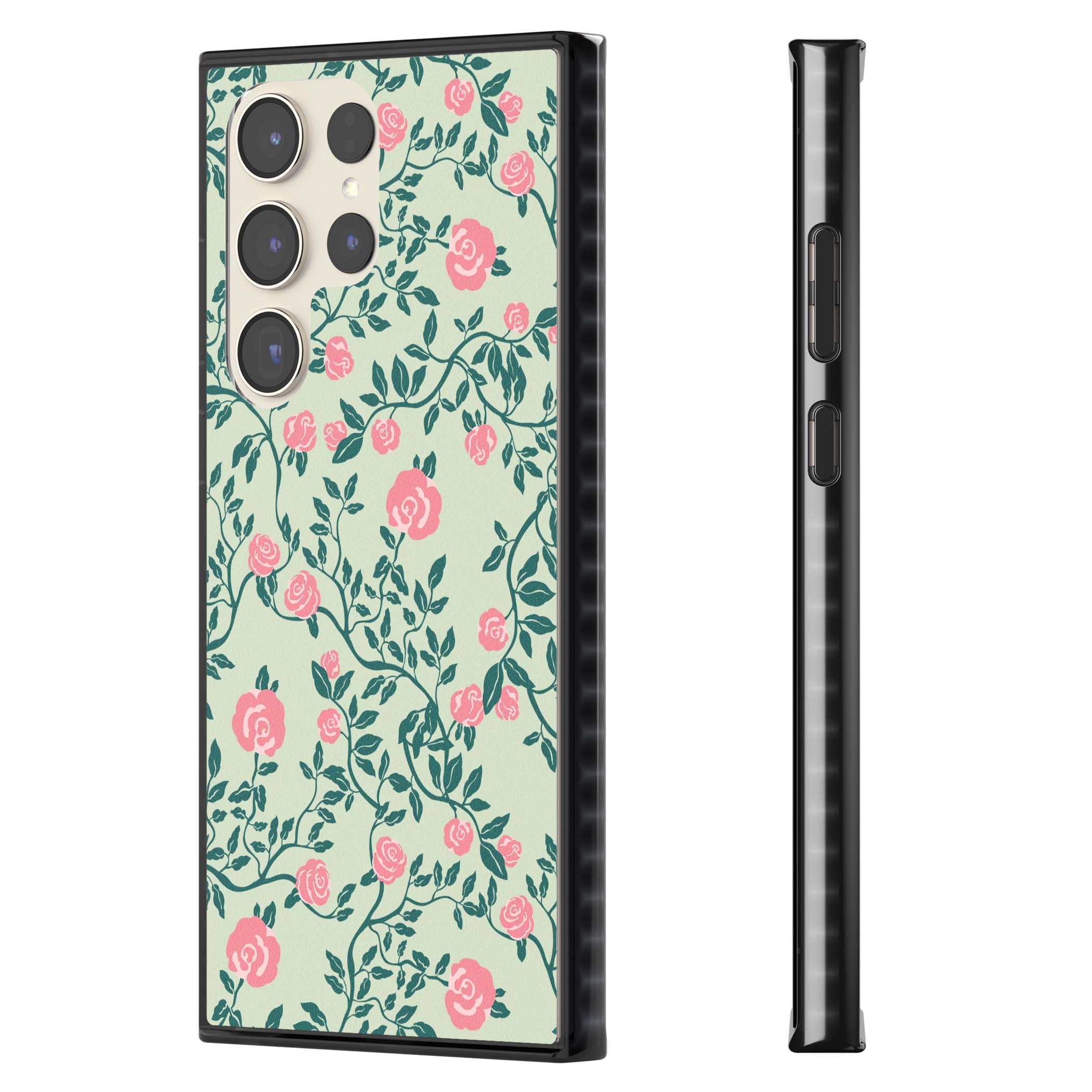 Rose Trellis cottagecore iPhone case featuring pink roses, sage green vines, and mint background | Black Impact case for Samsung Galaxy S24 Ultra, Samsung Galaxy S23 Ultra, Samsung Galaxy S22 Ultra