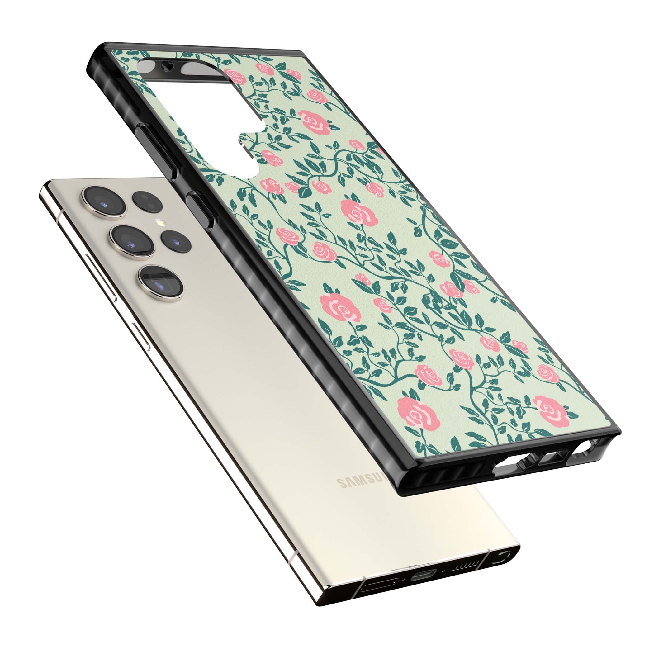 Rose Trellis cottagecore iPhone case featuring pink roses, sage green vines, and mint background | Black Impact case for Samsung Galaxy S24 Ultra, Samsung Galaxy S23 Ultra, Samsung Galaxy S22 Ultra
