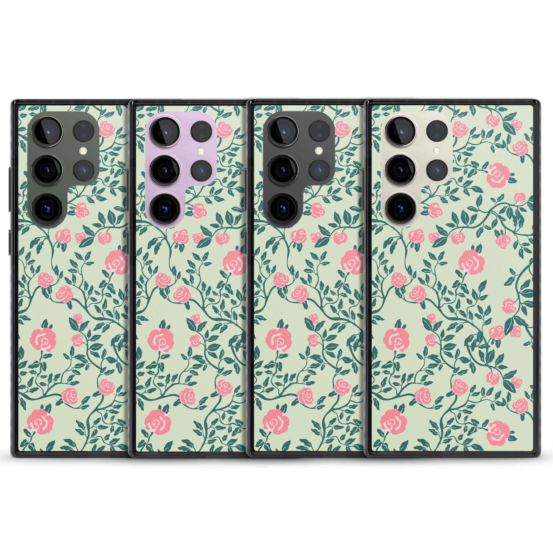 Rose Trellis cottagecore iPhone case featuring pink roses, sage green vines, and mint background | Black Impact case for Samsung Galaxy S24 Ultra, Samsung Galaxy S23 Ultra, Samsung Galaxy S22 Ultra
