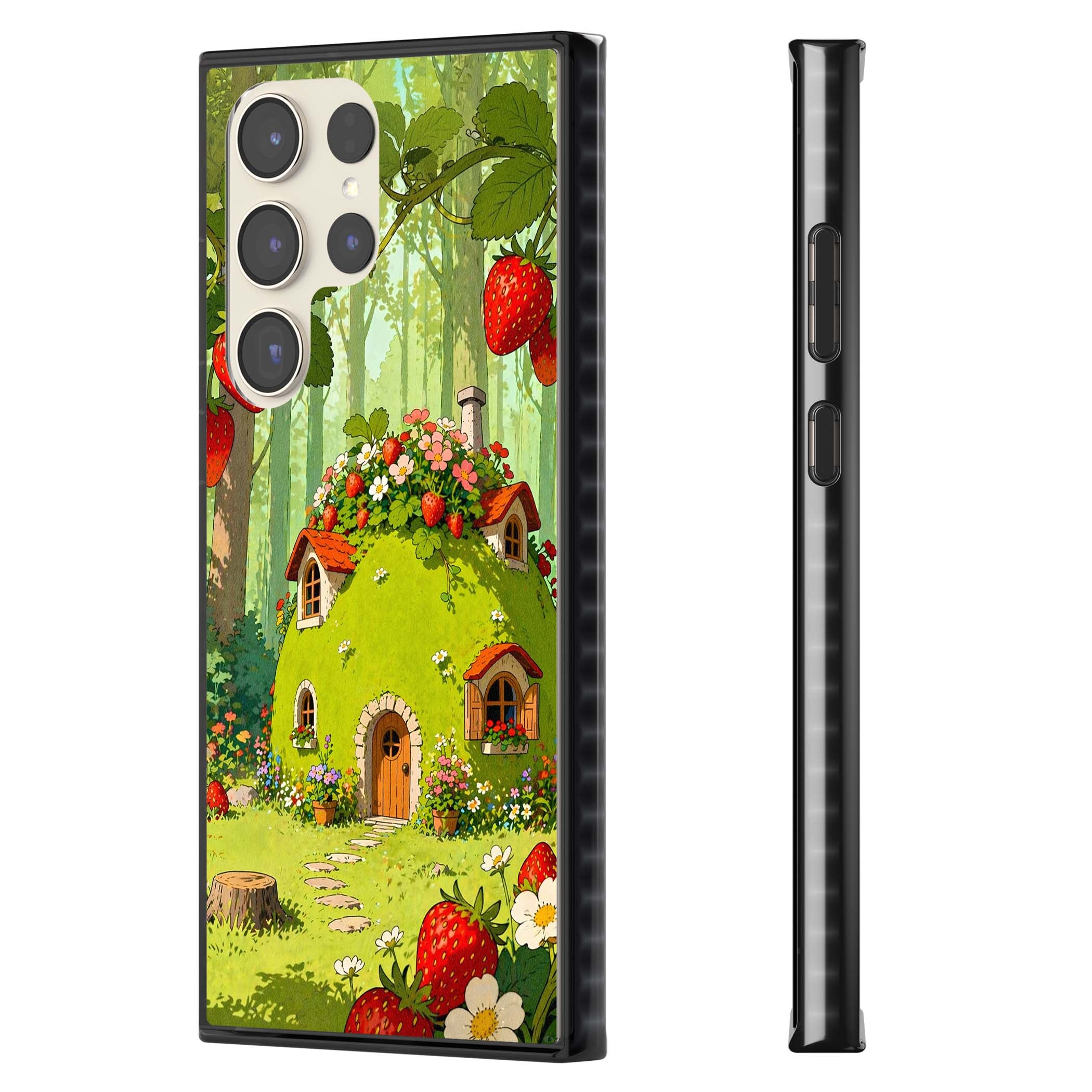 Strawberry Cottage cottagecore iPhone case featuring a green fairy house, wild strawberries and enchanted forest flowers | Black Impact case for Samsung Galaxy S24 Ultra, Samsung Galaxy S23 Ultra, Samsung Galaxy S22 Ultra