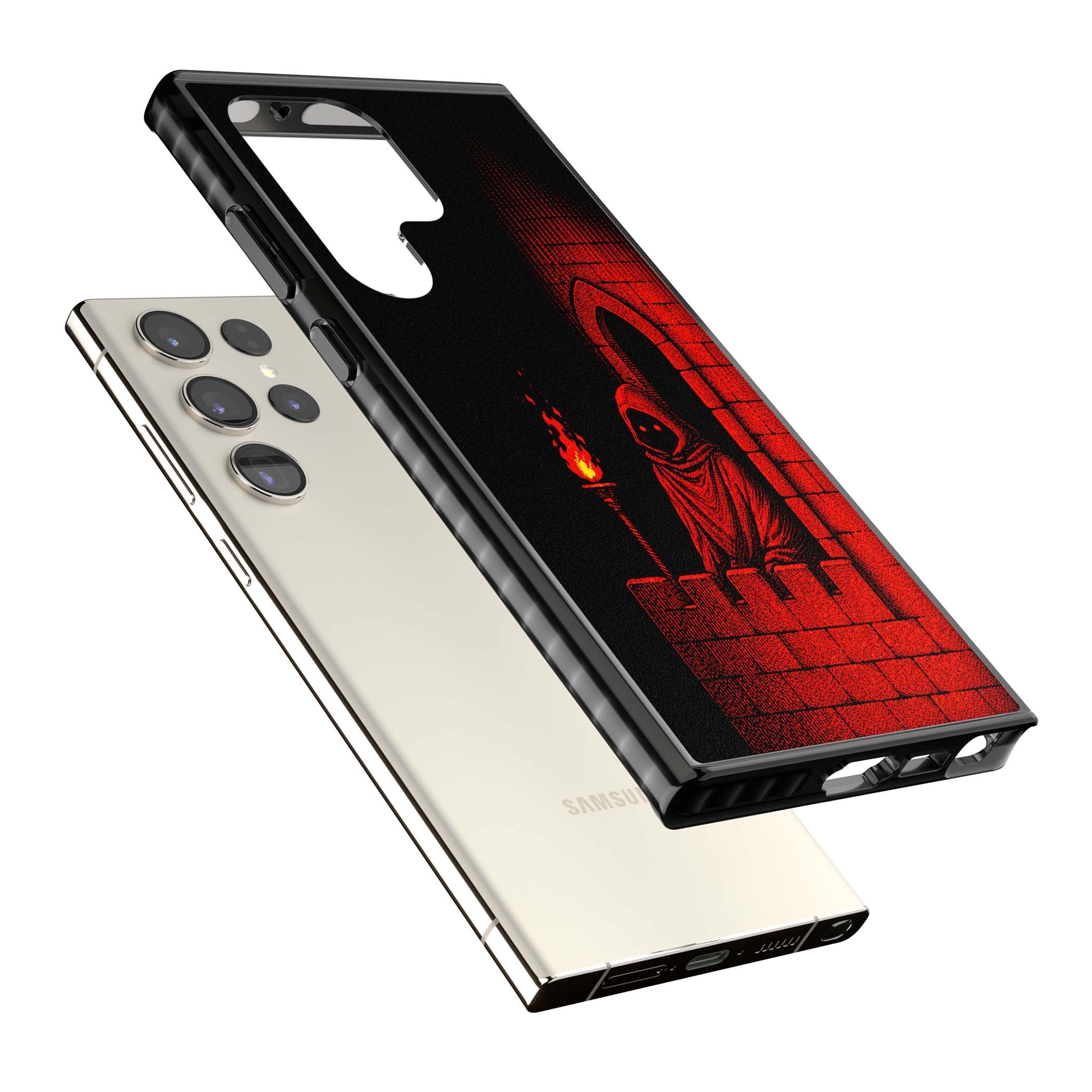 Crimson Crypt gothic iPhone case featuring a hooded reaper, torchlit crypt archway and red halftone horror art | Black Impact case for Samsung Galaxy S24 Ultra, Samsung Galaxy S23 Ultra, Samsung Galaxy S22 Ultra