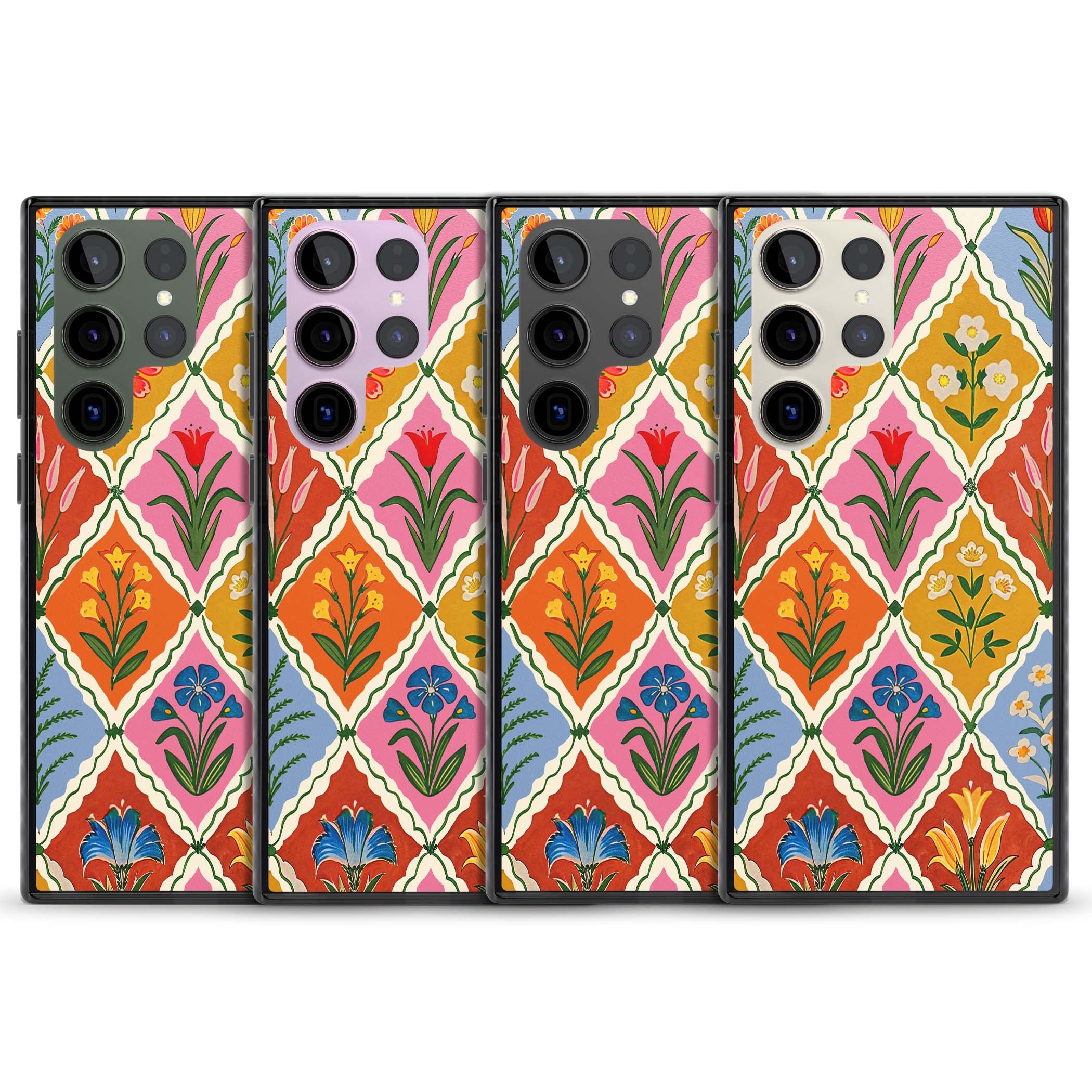 Floral Quilt boho floral iPhone case featuring diamond lattice pattern, hand-painted tulips and folk art wildflowers | Black Impact case for Samsung Galaxy S24 Ultra, Samsung Galaxy S23 Ultra, Samsung Galaxy S22 Ultra