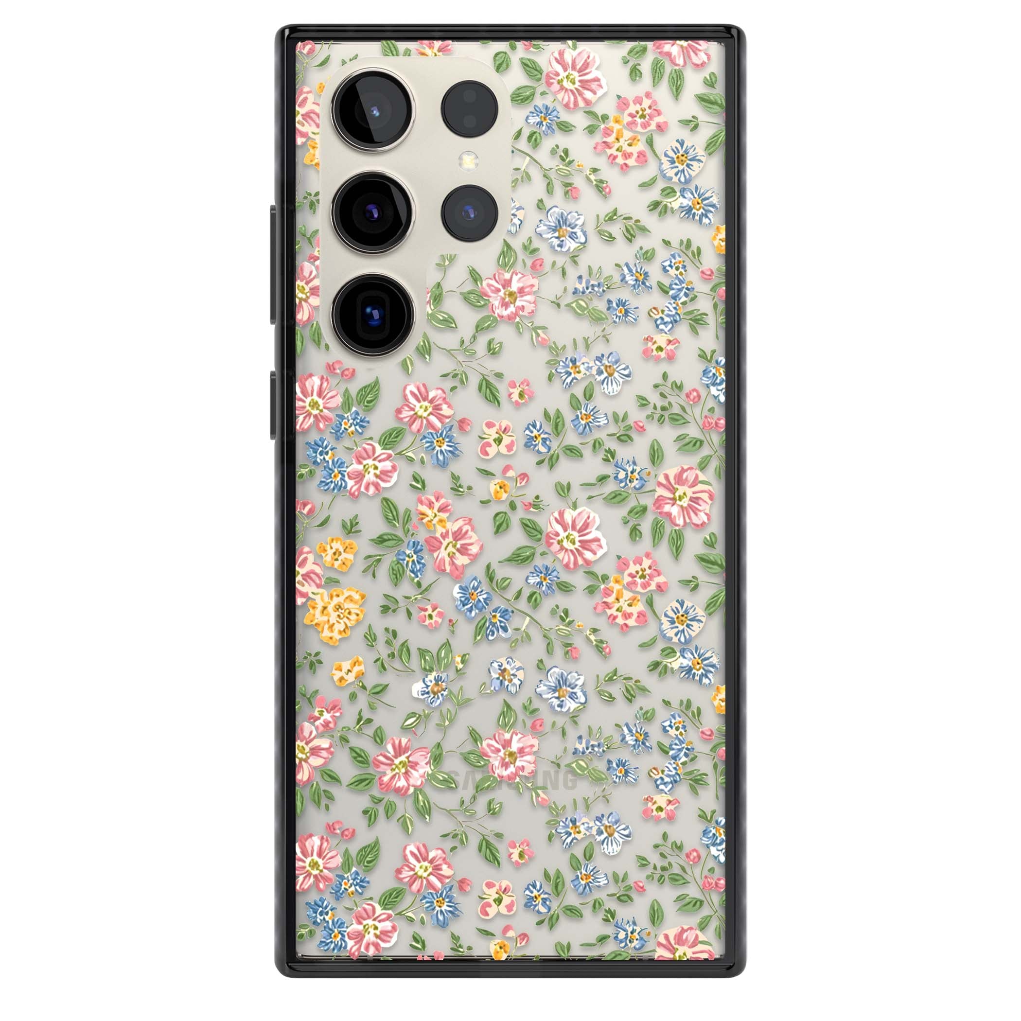 Soft Meadow cottagecore iPhone case featuring pink cosmos, blue forget-me-nots, yellow buttercups and green leaves sca | Black Impact case for Samsung Galaxy S24 Ultra, Samsung Galaxy S23 Ultra, Samsung Galaxy S22 Ultra