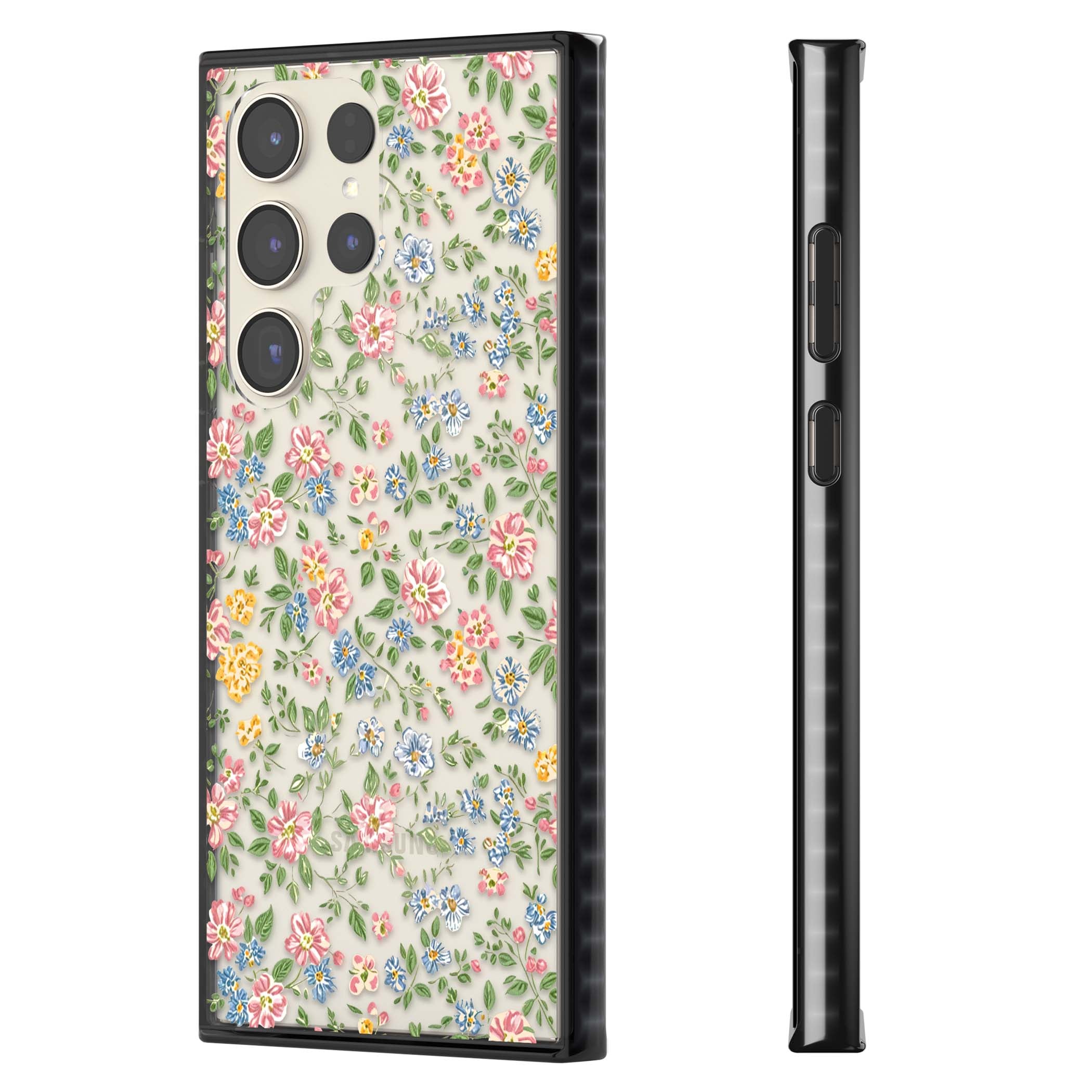 Soft Meadow cottagecore iPhone case featuring pink cosmos, blue forget-me-nots, yellow buttercups and green leaves sca | Black Impact case for Samsung Galaxy S24 Ultra, Samsung Galaxy S23 Ultra, Samsung Galaxy S22 Ultra