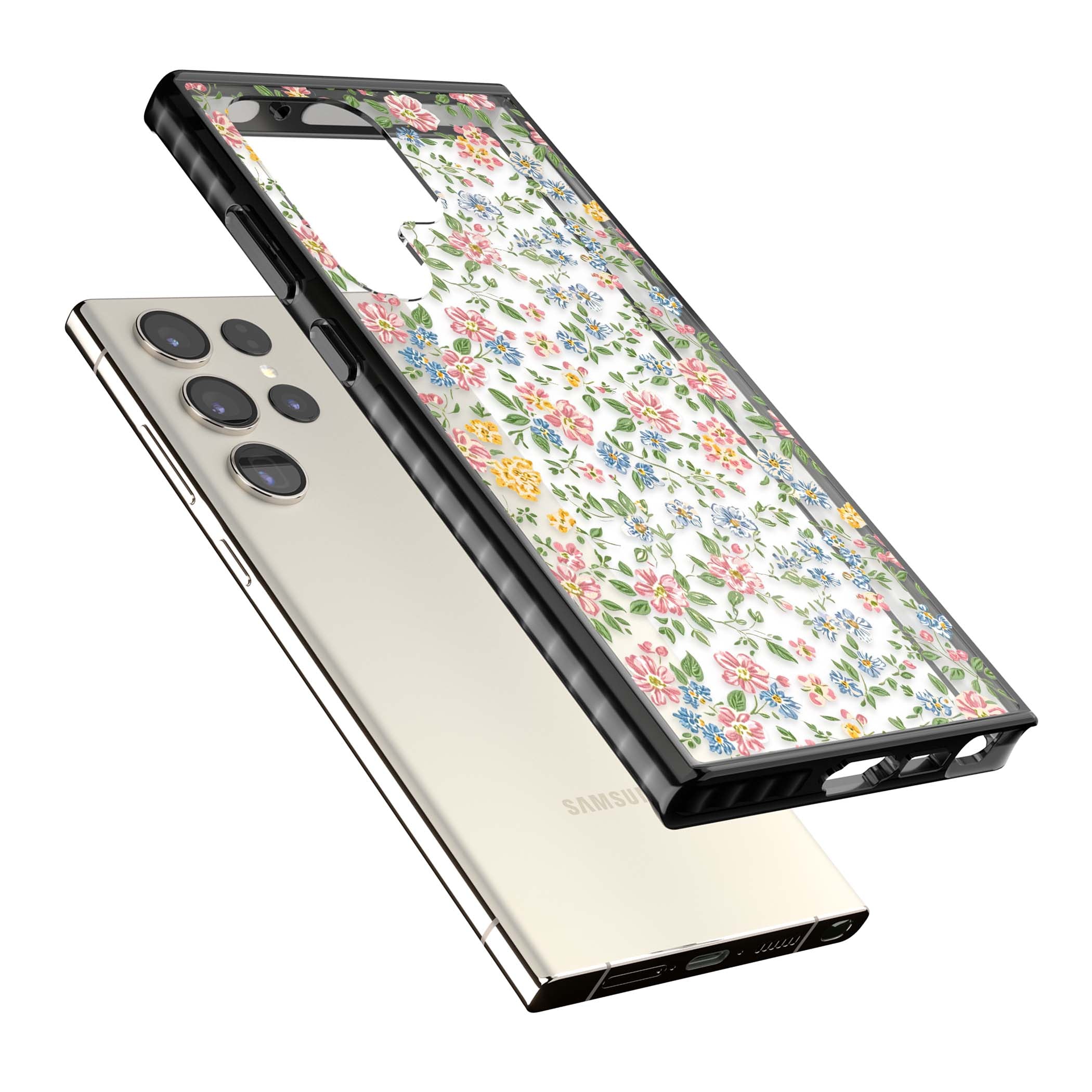 Soft Meadow cottagecore iPhone case featuring pink cosmos, blue forget-me-nots, yellow buttercups and green leaves sca | Black Impact case for Samsung Galaxy S24 Ultra, Samsung Galaxy S23 Ultra, Samsung Galaxy S22 Ultra