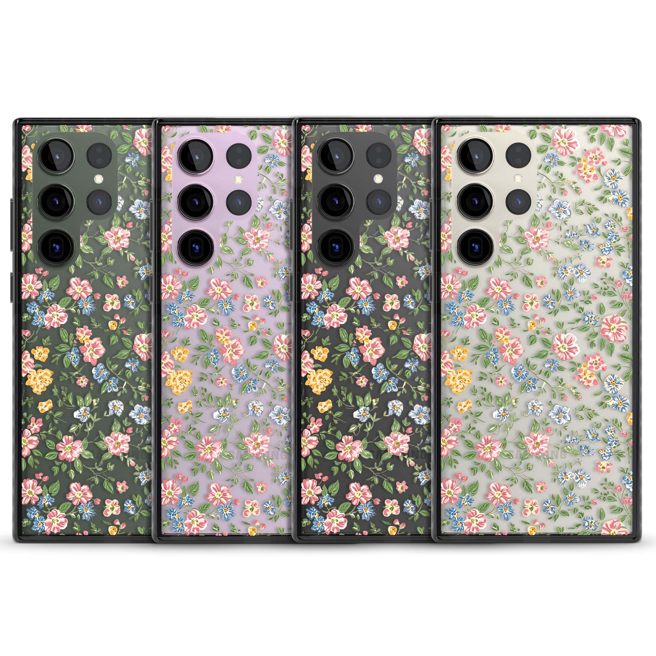 Soft Meadow cottagecore iPhone case featuring pink cosmos, blue forget-me-nots, yellow buttercups and green leaves sca | Black Impact case for Samsung Galaxy S24 Ultra, Samsung Galaxy S23 Ultra, Samsung Galaxy S22 Ultra