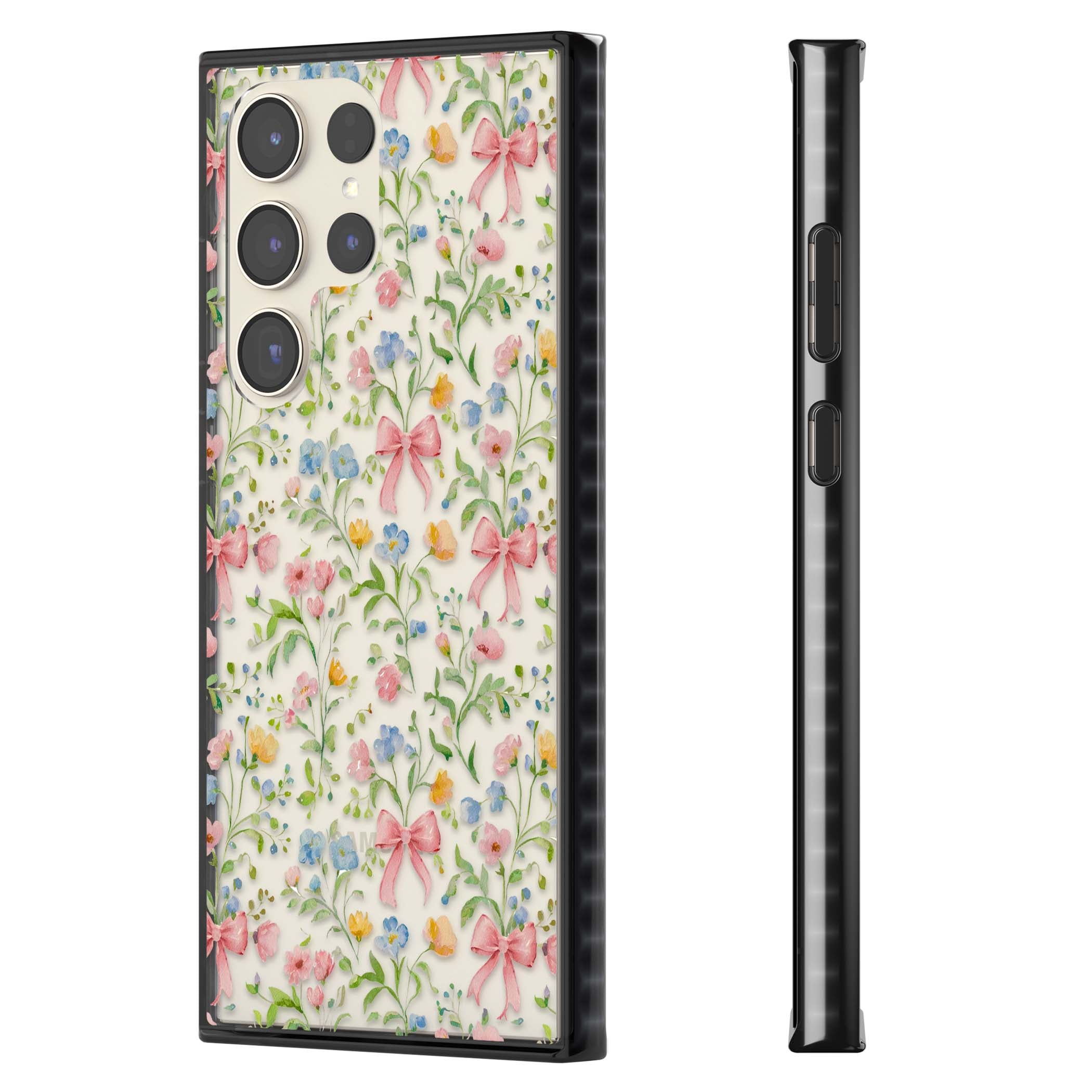 Ribbons & Wildflowers cottagecore iPhone case featuring watercolor wildflowers, pink satin bows, and delicate spring blooms o | Black Impact case for Samsung Galaxy S24 Ultra, Samsung Galaxy S23 Ultra, Samsung Galaxy S22 Ultra