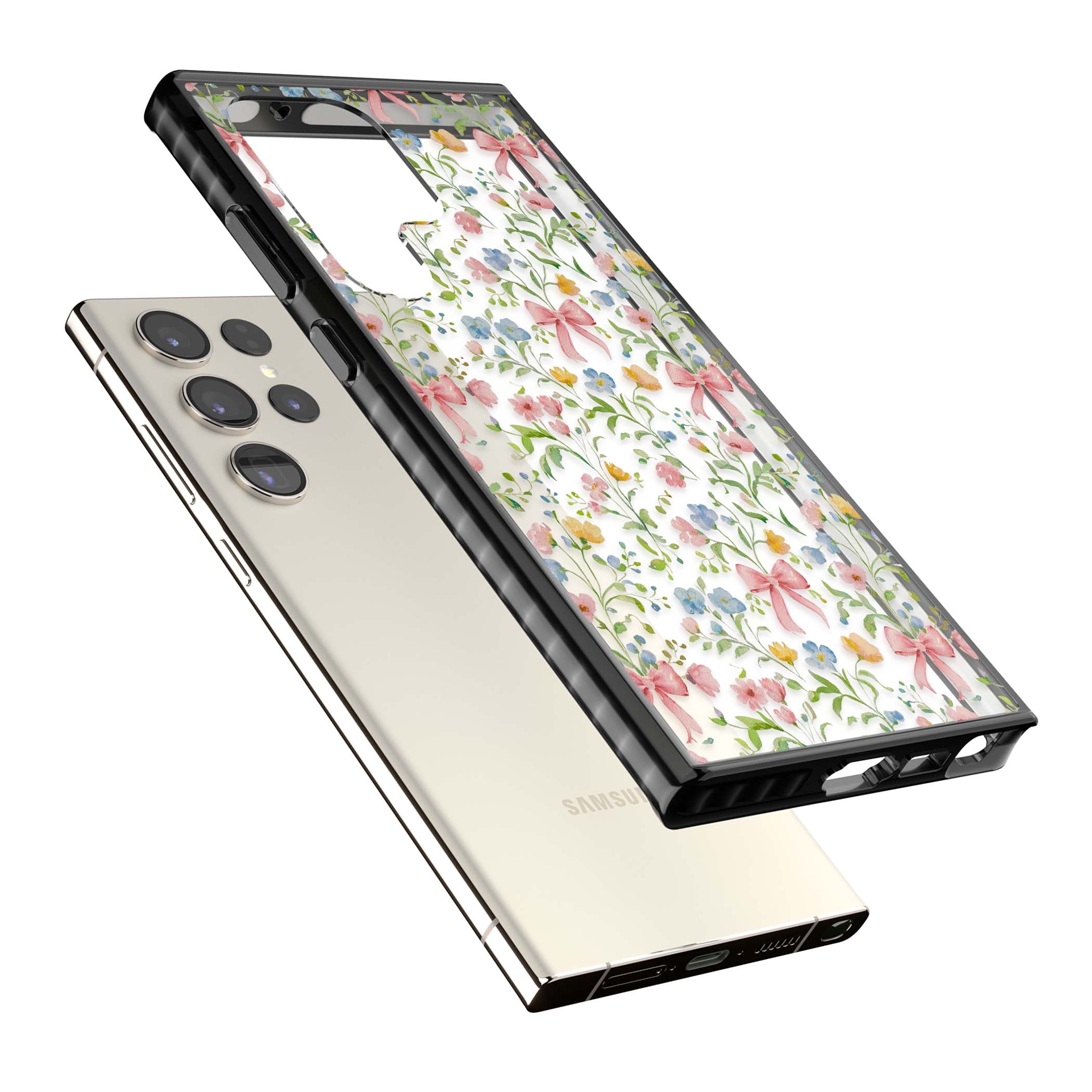 Ribbons & Wildflowers cottagecore iPhone case featuring watercolor wildflowers, pink satin bows, and delicate spring blooms o | Black Impact case for Samsung Galaxy S24 Ultra, Samsung Galaxy S23 Ultra, Samsung Galaxy S22 Ultra