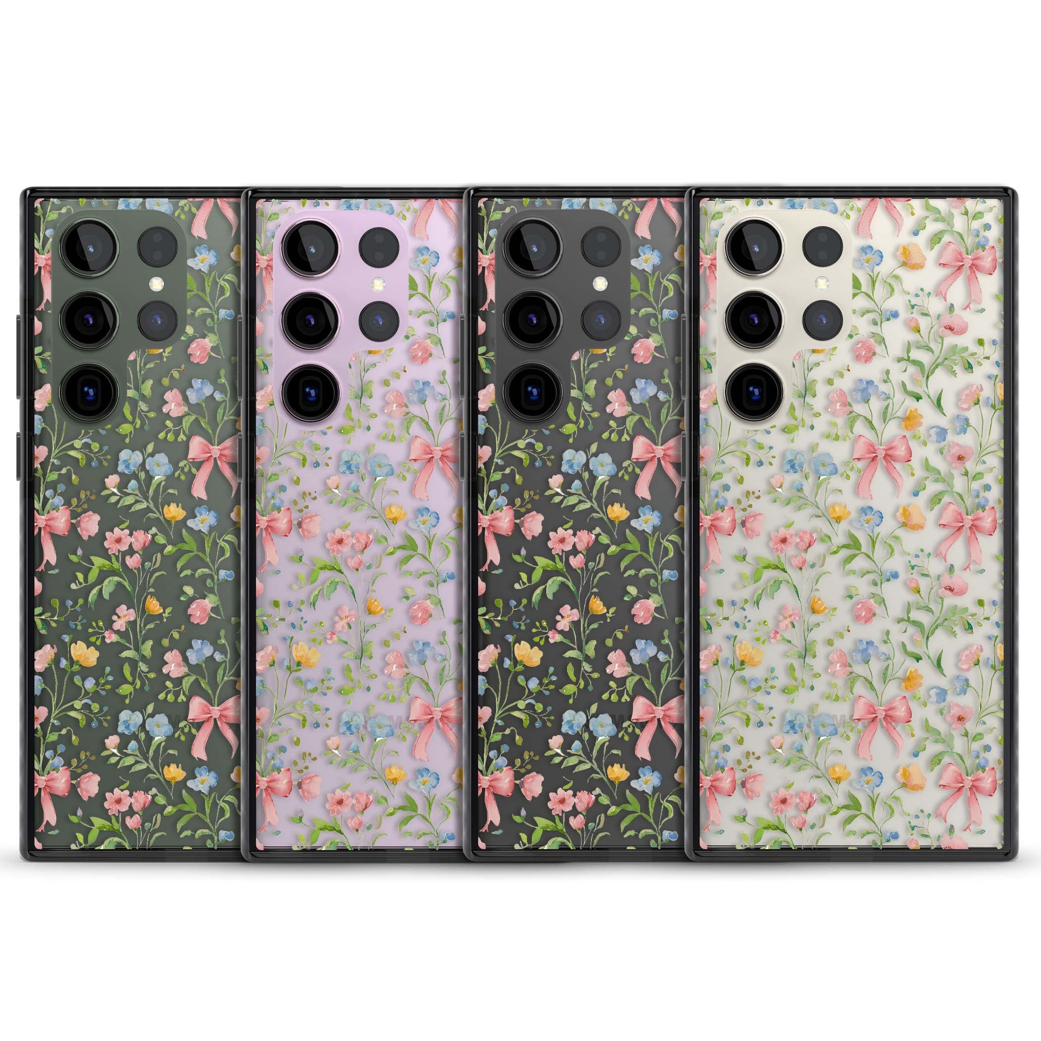 Ribbons & Wildflowers cottagecore iPhone case featuring watercolor wildflowers, pink satin bows, and delicate spring blooms o | Black Impact case for Samsung Galaxy S24 Ultra, Samsung Galaxy S23 Ultra, Samsung Galaxy S22 Ultra