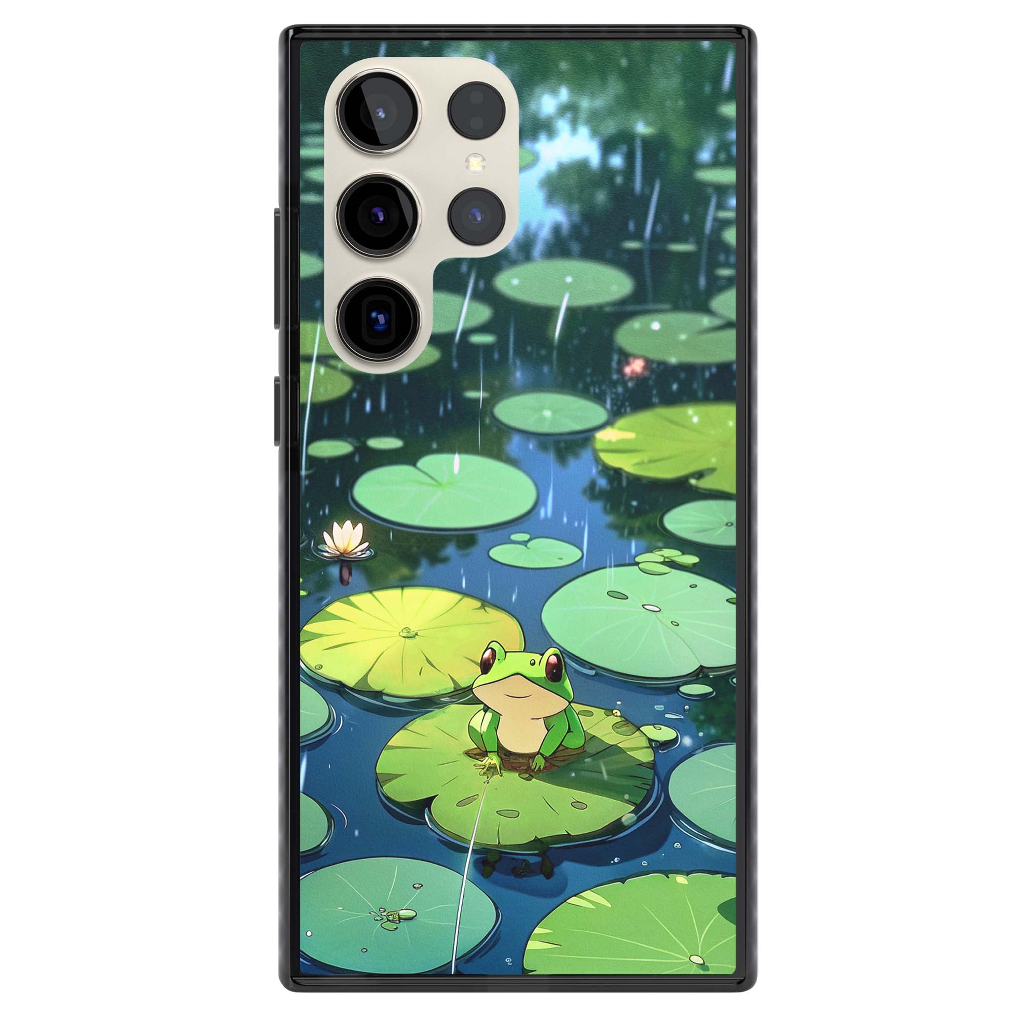 Frog In Lily Pond cottagecore iPhone case featuring a cute green frog on a lily pad with falling rain and a lotus flower | Black Impact case for Samsung Galaxy S24 Ultra, Samsung Galaxy S23 Ultra, Samsung Galaxy S22 Ultra