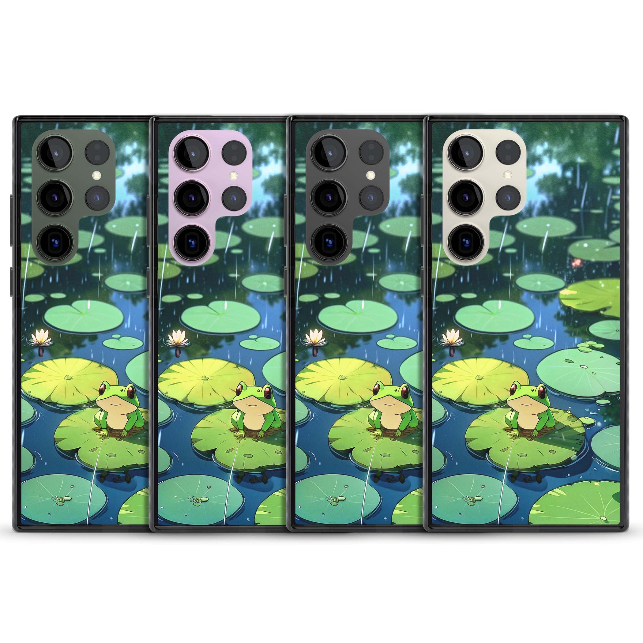 Frog In Lily Pond cottagecore iPhone case featuring a cute green frog on a lily pad with falling rain and a lotus flower | Black Impact case for Samsung Galaxy S24 Ultra, Samsung Galaxy S23 Ultra, Samsung Galaxy S22 Ultra