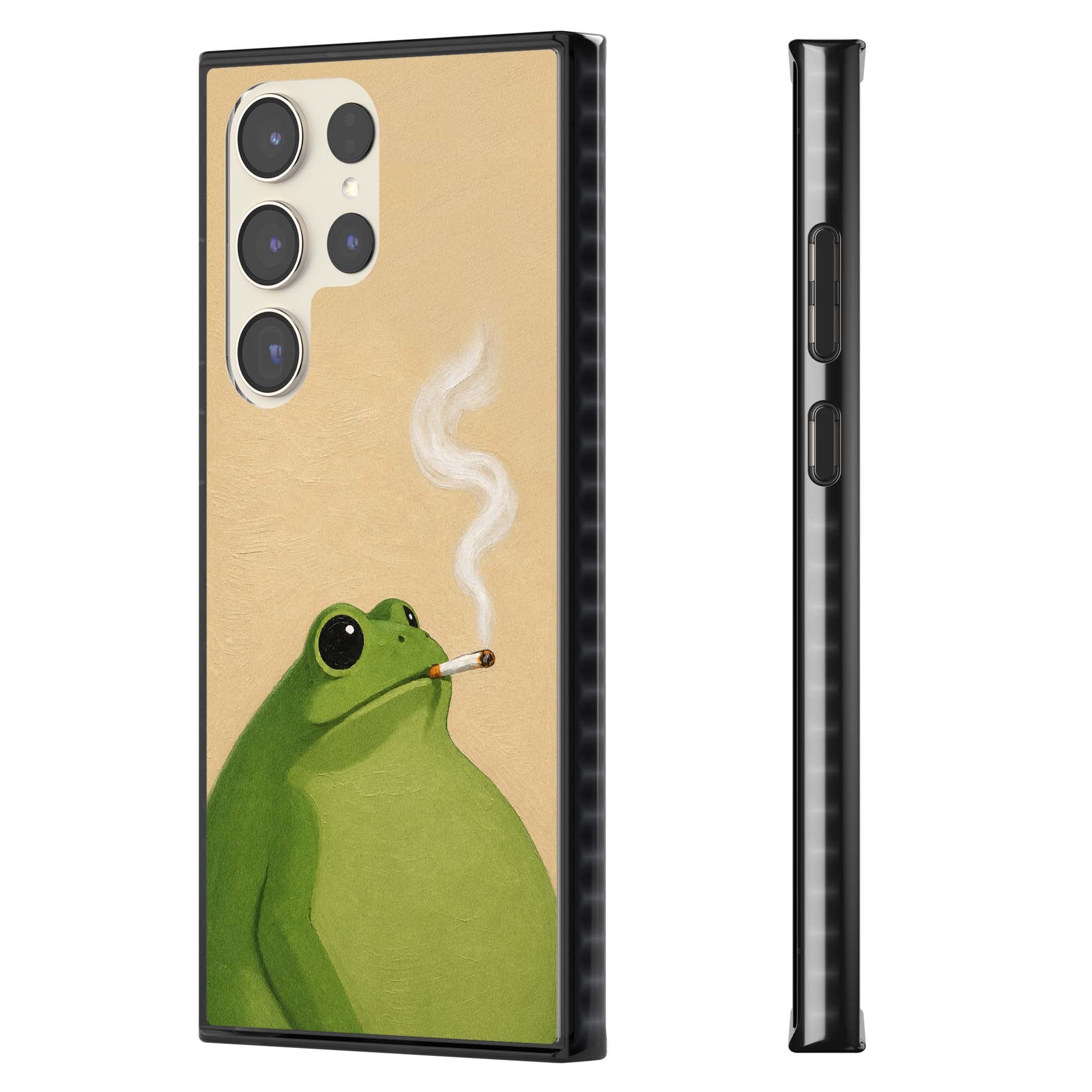 The Smoking Frog cottagecore iPhone case featuring a hand-painted green frog smoking a cigarette on a cream oil painting back | Black Impact case for Samsung Galaxy S24 Ultra, Samsung Galaxy S23 Ultra, Samsung Galaxy S22 Ultra