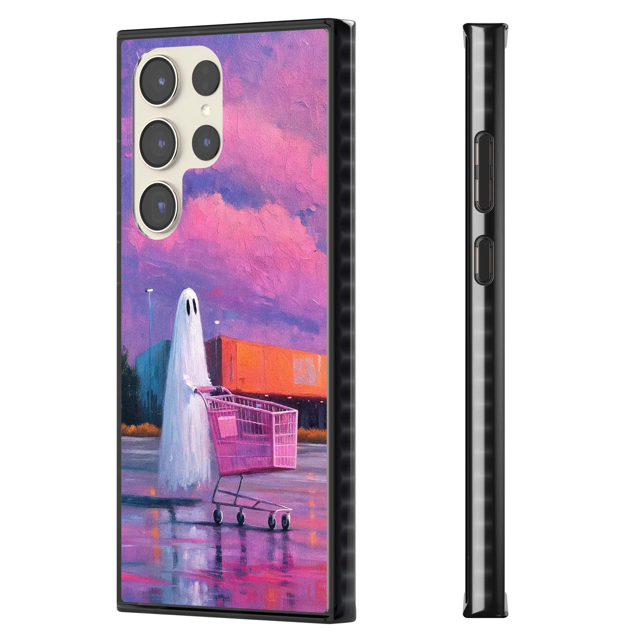 A Ghost's Errand ghost halloween iPhone case featuring a painted ghost, pink shopping trolley and purple sunset sky | Black Impact case for Samsung Galaxy S24 Ultra, Samsung Galaxy S23 Ultra, Samsung Galaxy S22 Ultra