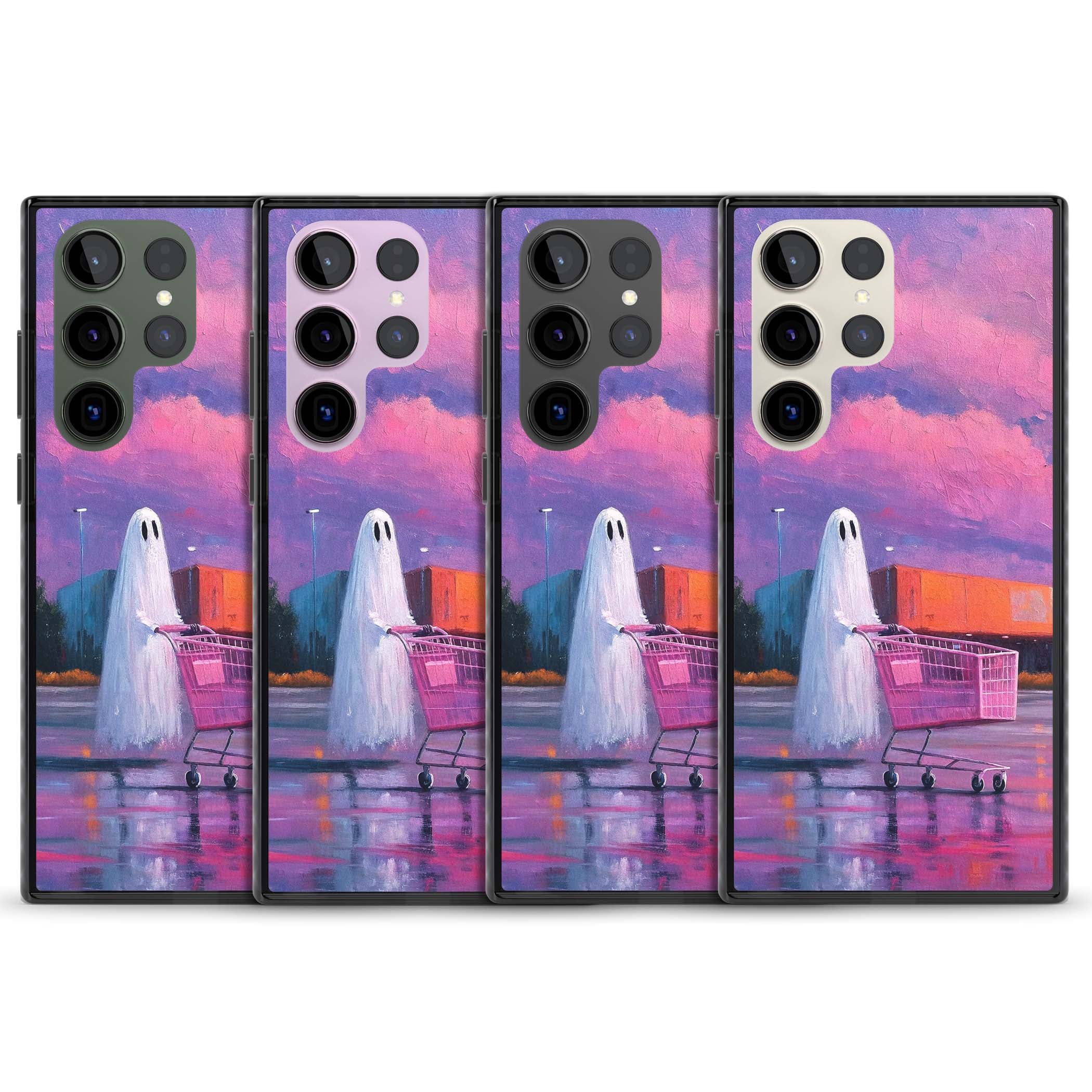 A Ghost's Errand ghost halloween iPhone case featuring a painted ghost, pink shopping trolley and purple sunset sky | Black Impact case for Samsung Galaxy S24 Ultra, Samsung Galaxy S23 Ultra, Samsung Galaxy S22 Ultra
