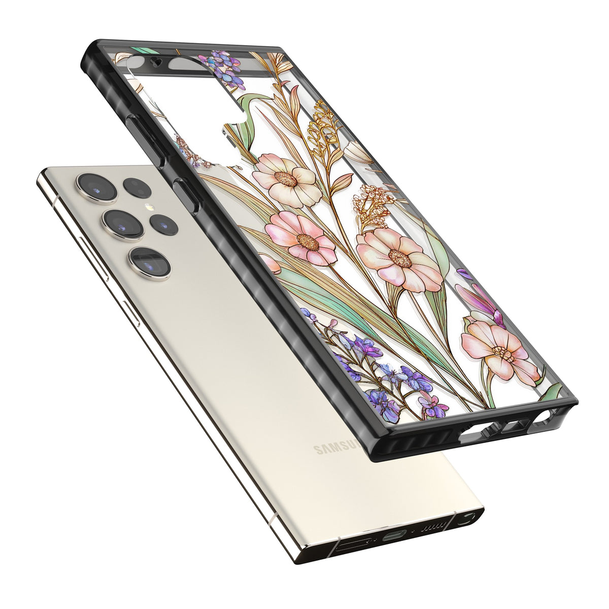 Glass Spring Flowers Samsung S22 Ultra / Samsung S23 Ultra / Samsung S24 Ultra Impact Black Phone Case angled