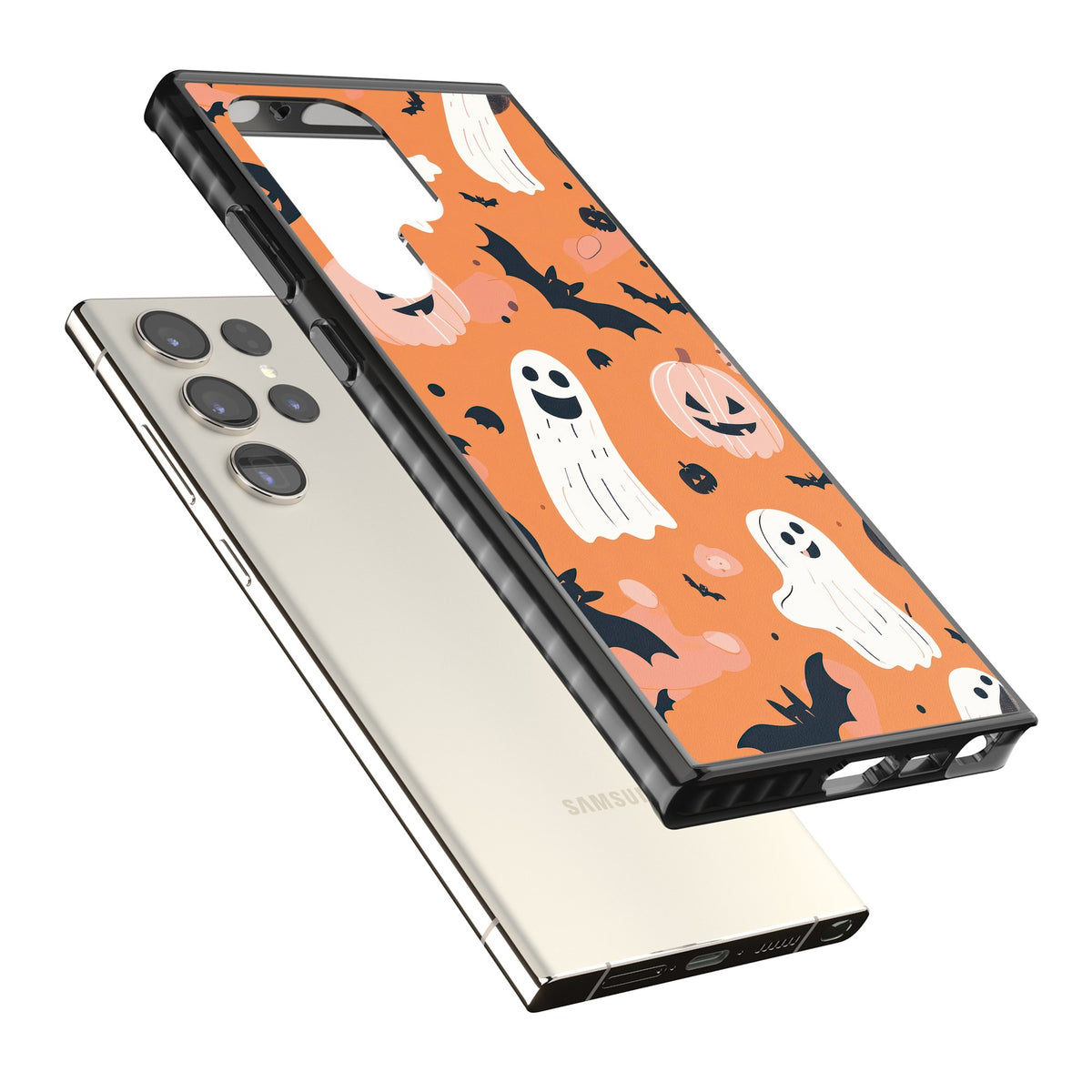 Orange Halloween Pattern Samsung S22 Ultra / Samsung S23 Ultra / Samsung S24 Ultra Impact Black Phone Case angled