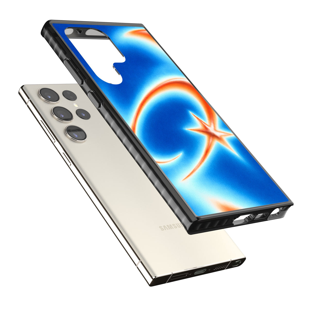 Starburn Y2K iPhone case featuring a glowing orange shooting star, sweeping comet trail and cobalt blue aura gradient Samsung S22 Ultra / Samsung S23 Ultra / Samsung S24 Ultra Impact Black Phone Case angled
