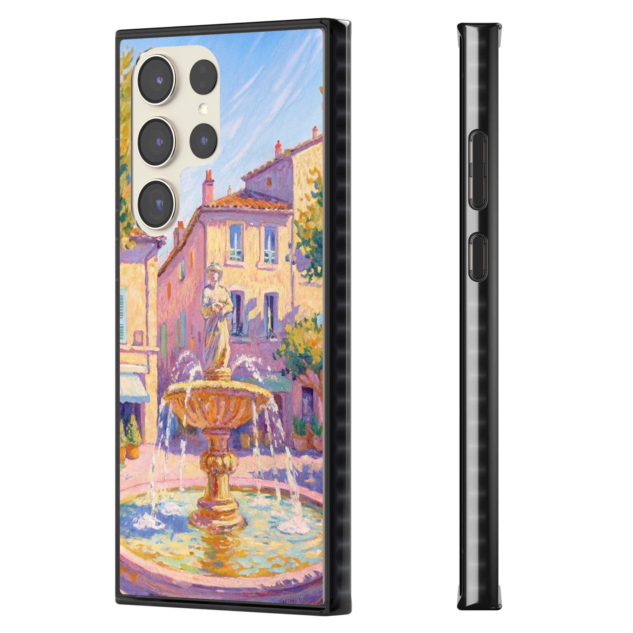 Fountain Square fine art iPhone case featuring an impressionist Provençal fountain, pastel village buildings and summe | Black Impact case for Samsung Galaxy S24 Ultra, Samsung Galaxy S23 Ultra, Samsung Galaxy S22 Ultra