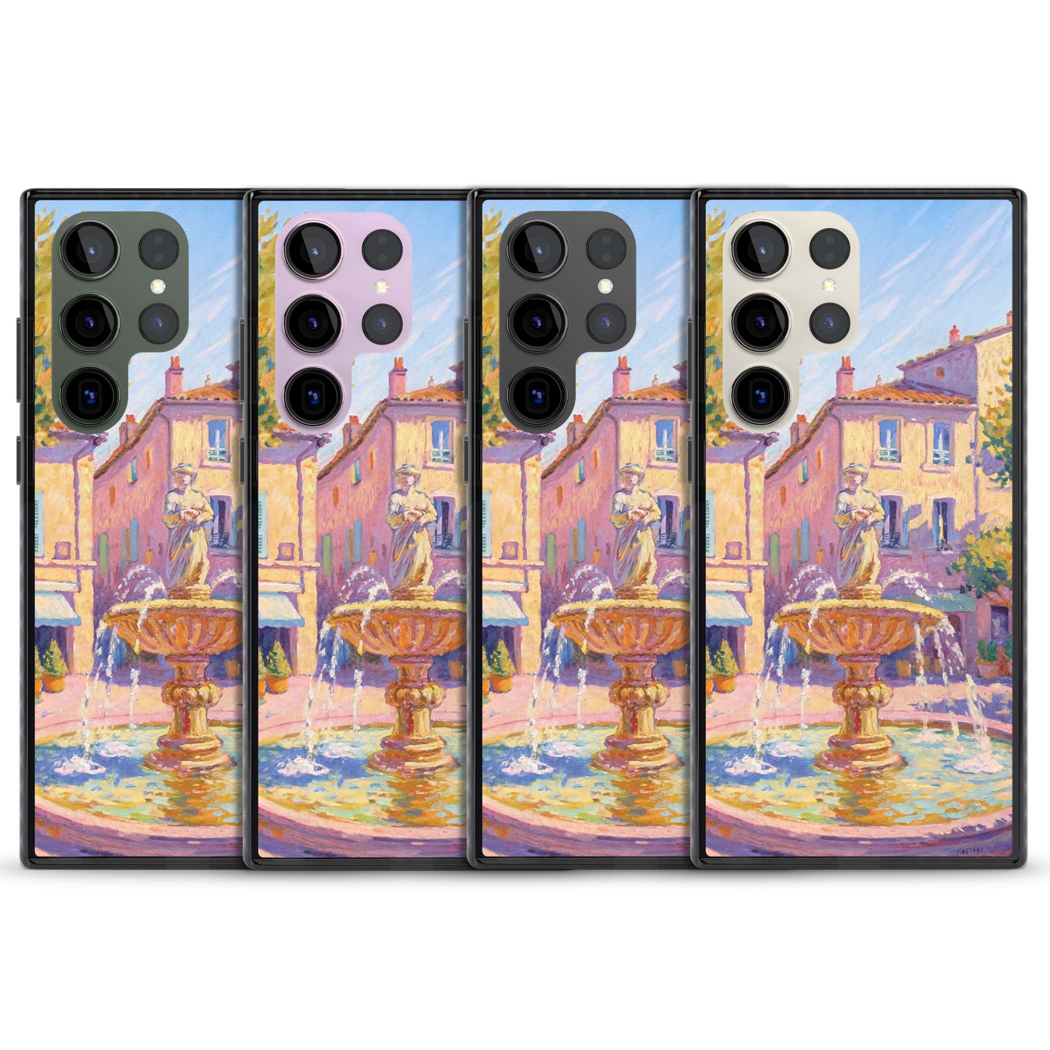 Fountain Square fine art iPhone case featuring an impressionist Provençal fountain, pastel village buildings and summe | Black Impact case for Samsung Galaxy S24 Ultra, Samsung Galaxy S23 Ultra, Samsung Galaxy S22 Ultra